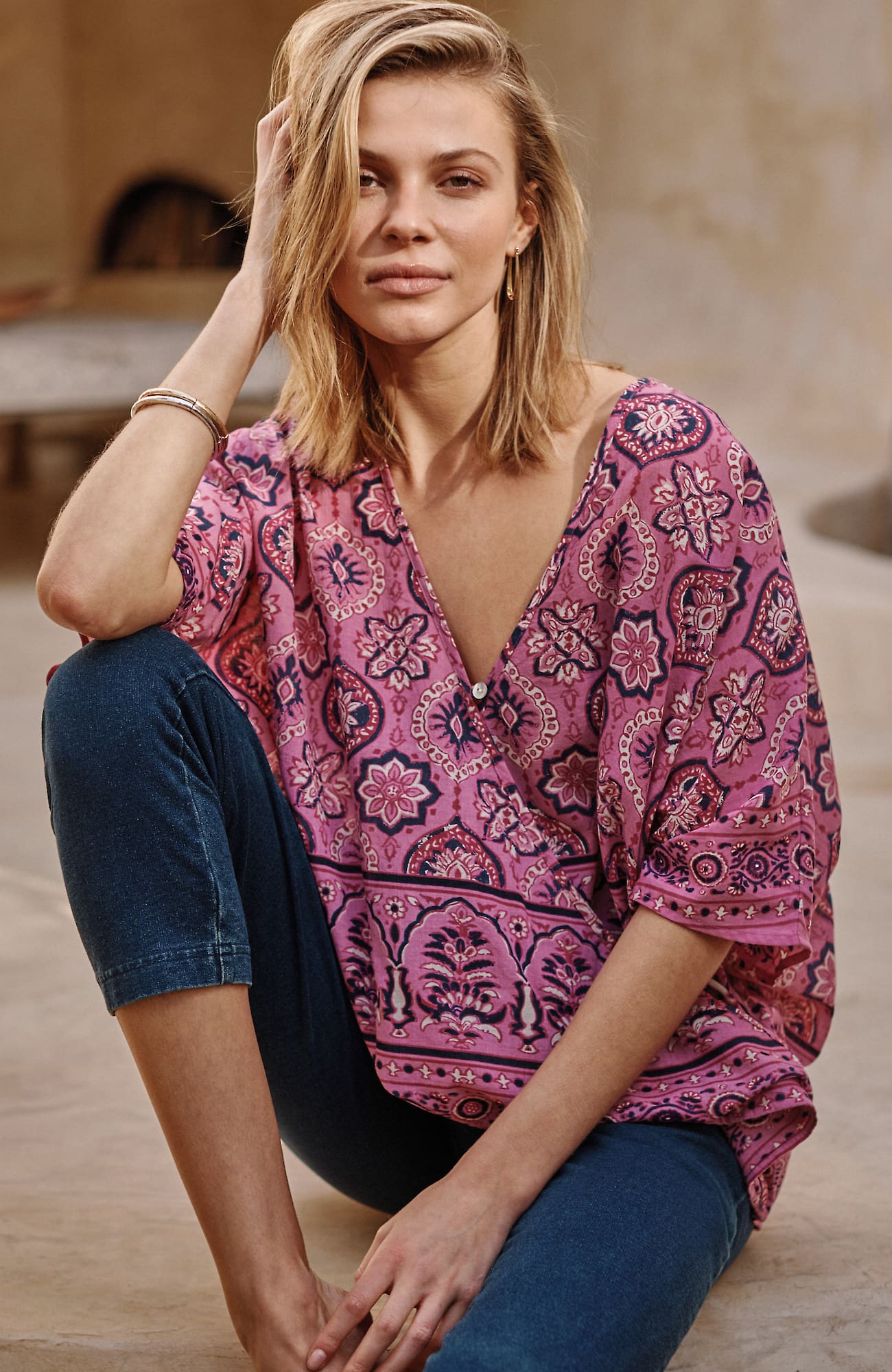 Jjill J.jill Mixed-medallion V-neck Poncho In Dark Pink Blossom Multi