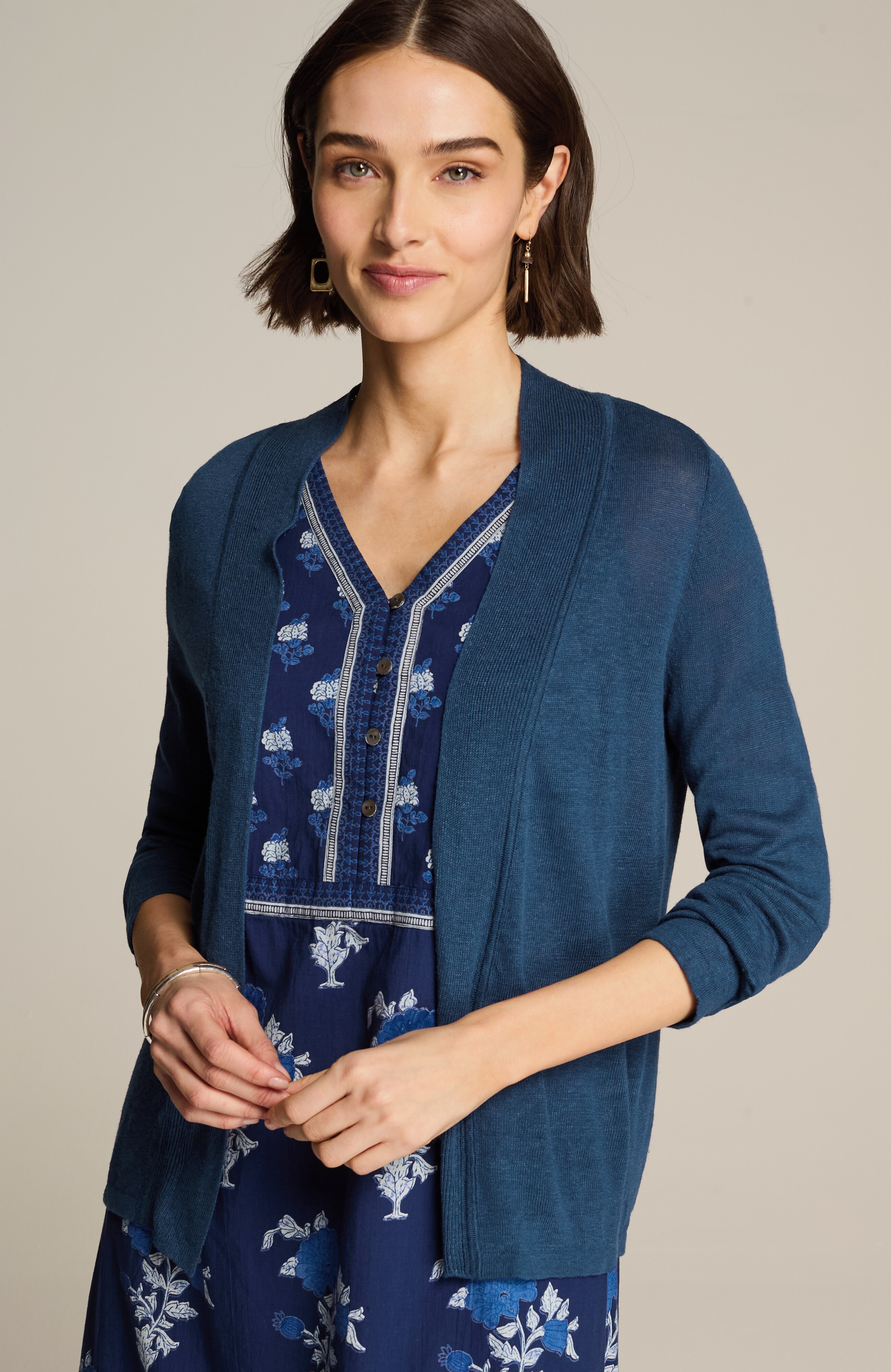 pure jill linen-blend open-front cardi