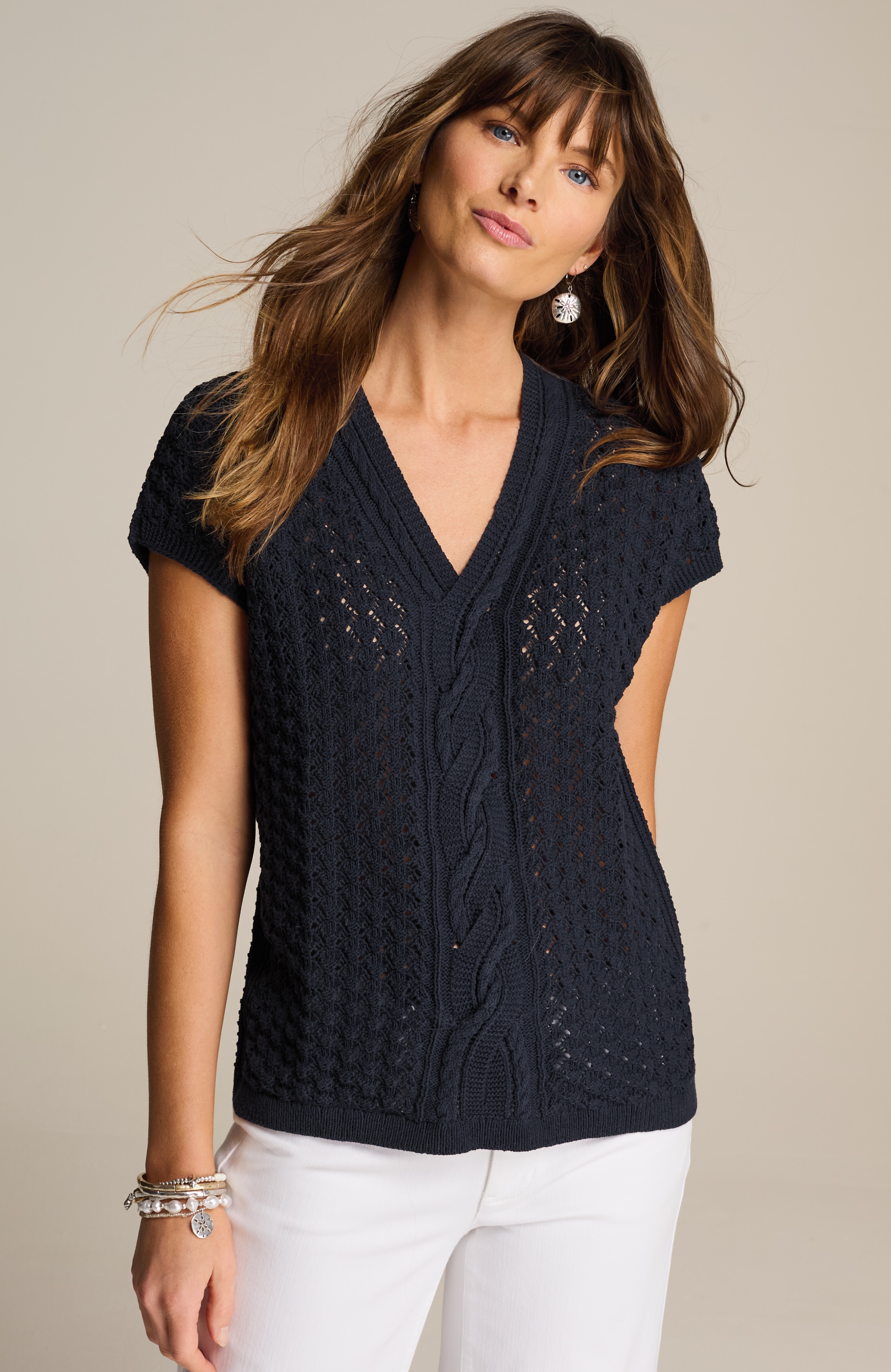 Cable-Knit Short-Sleeve Pullover | JJill