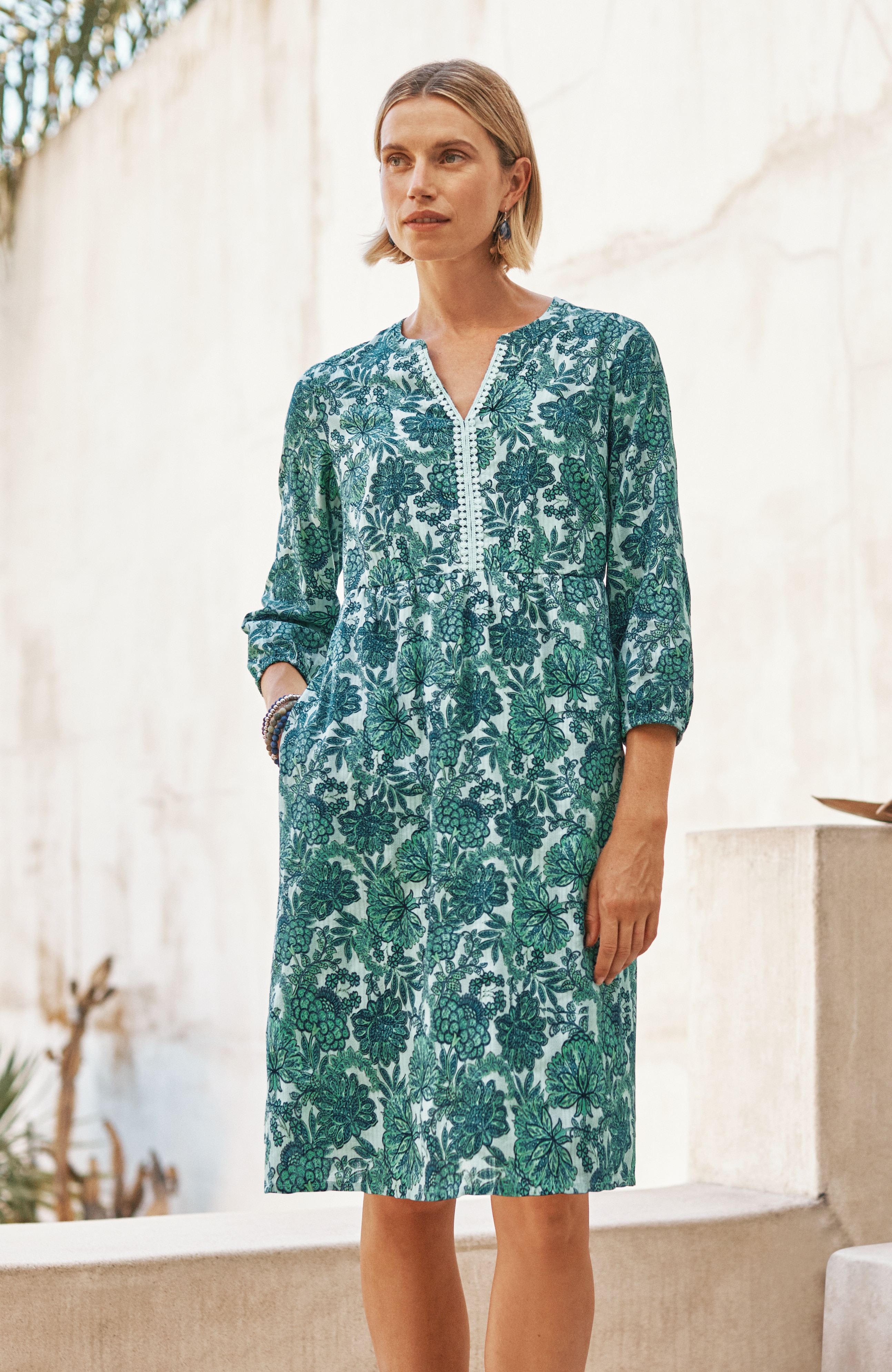 PRINTED SPLIT-NECK DRESS | JJill