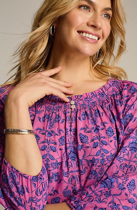 smocked floral-print top