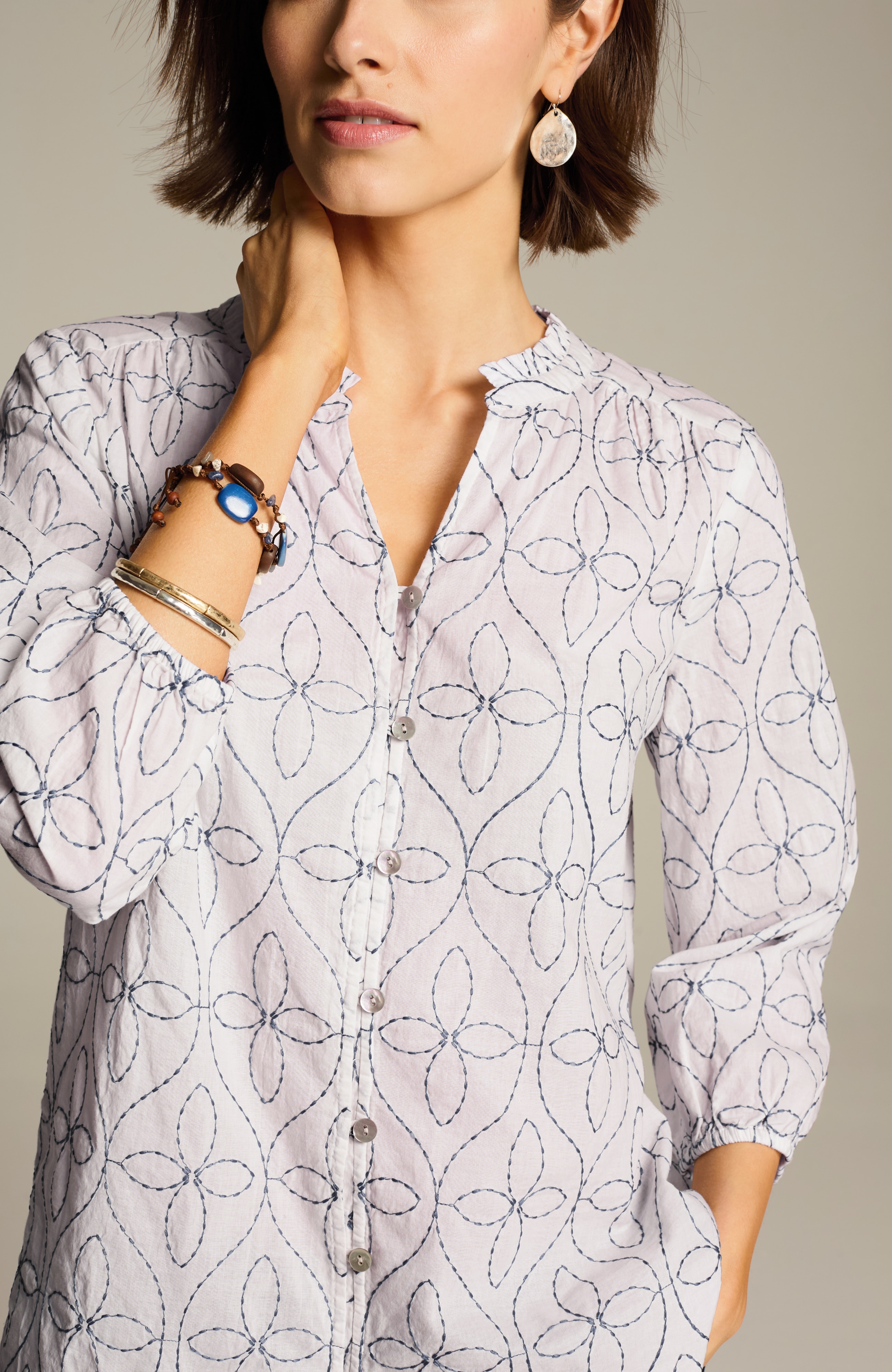 contrast-embroidered peasant top