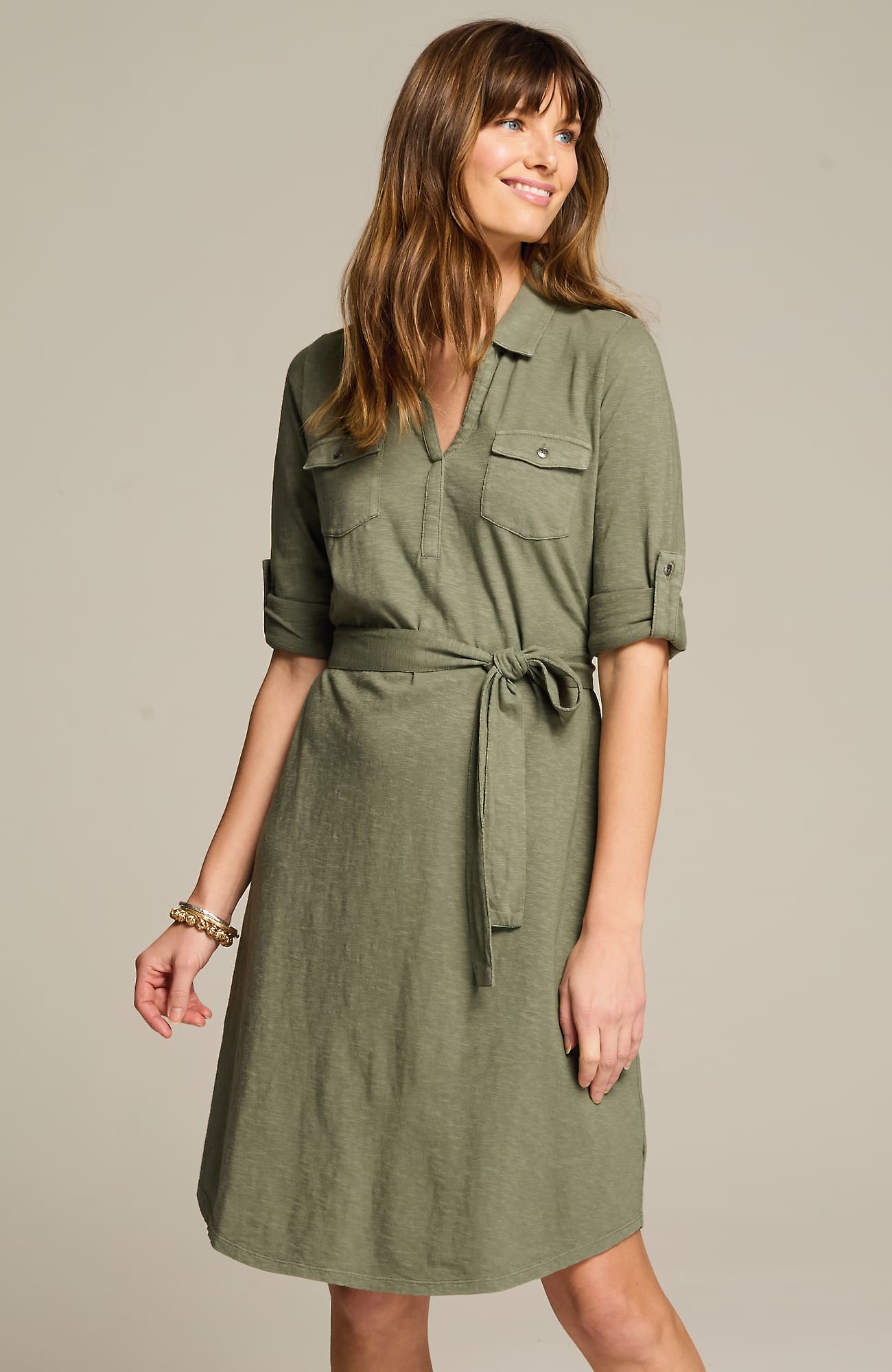 Jjill Petite Garment-dyed Split-neck Shirtdress In Nude