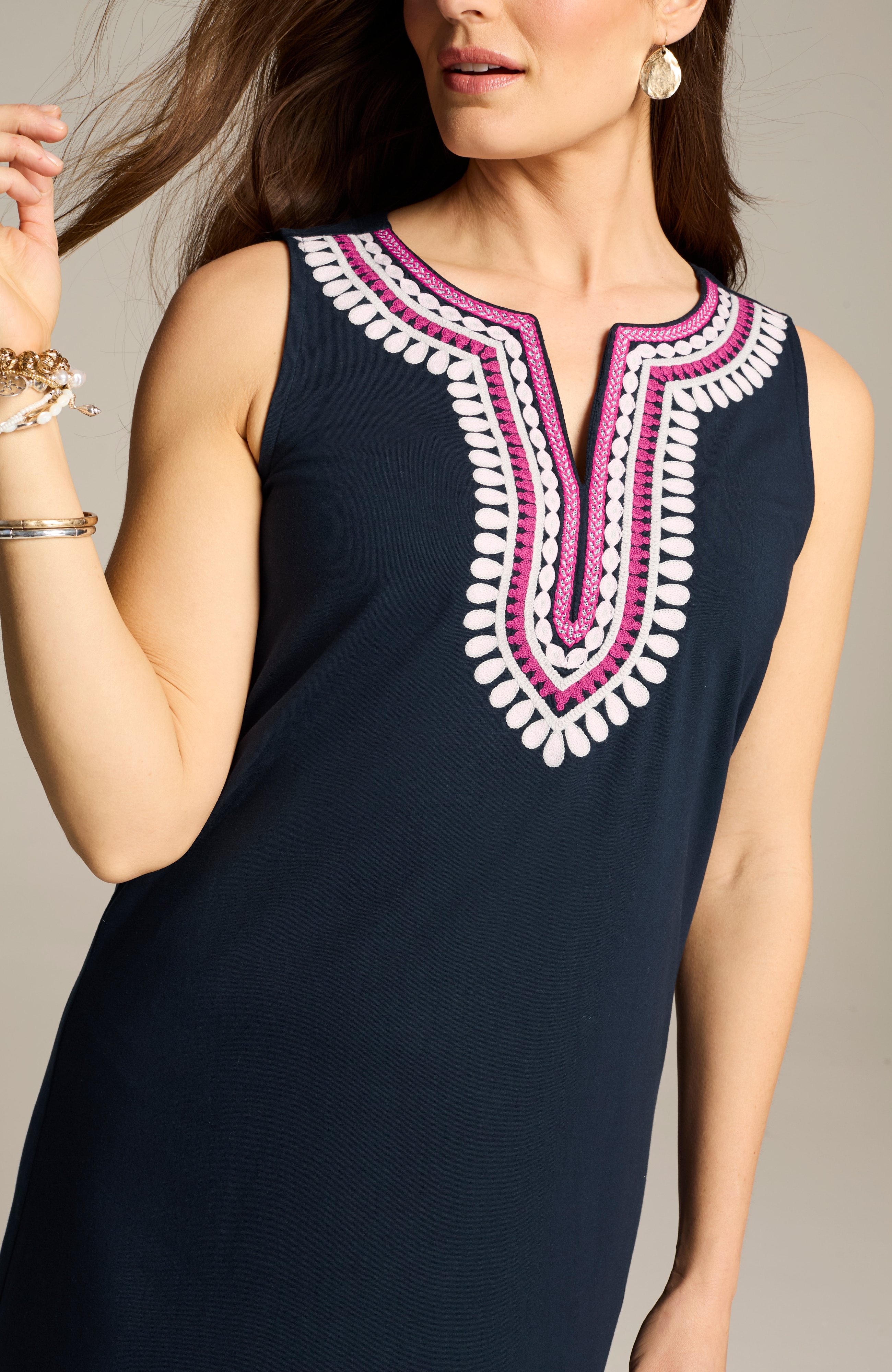 embroidered split-neck dress