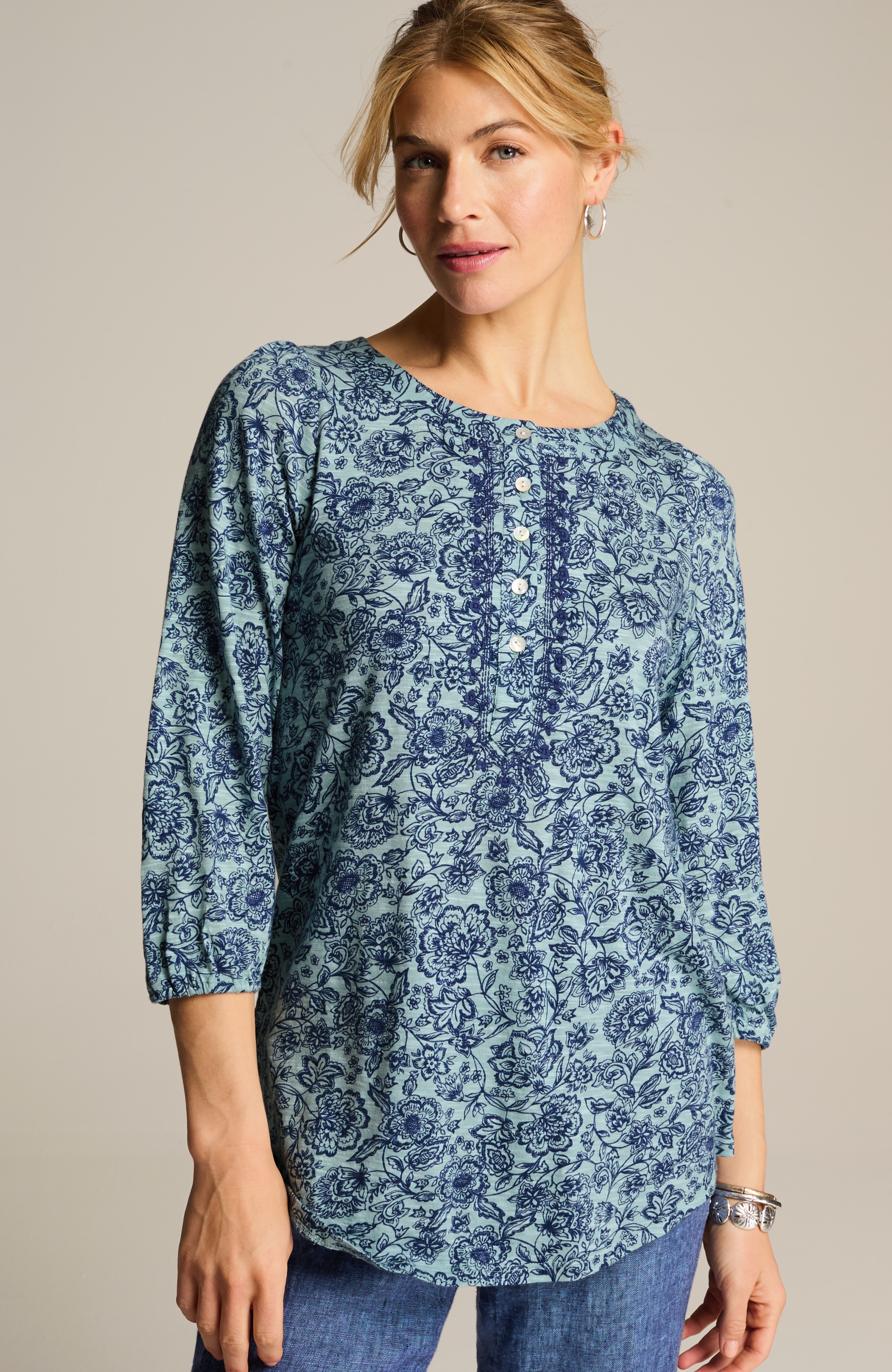 pure jill embroidered henley tunic