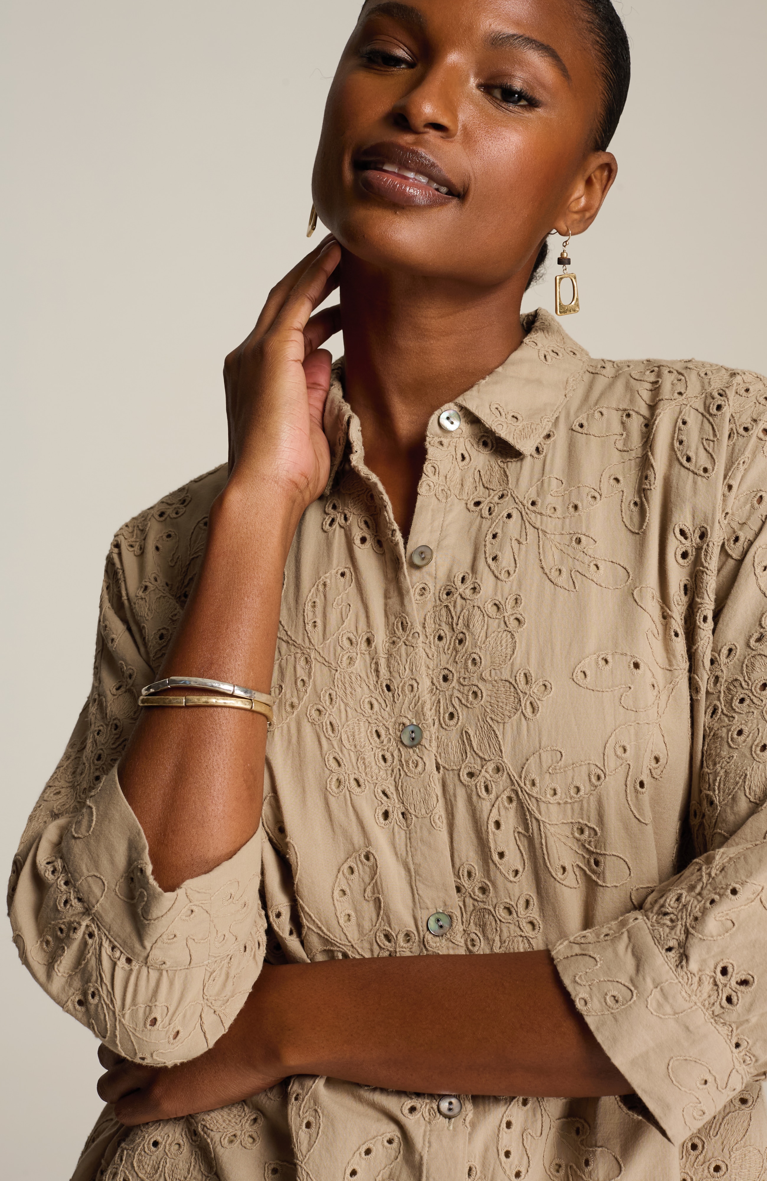 pure jill eyelet button-front shirt