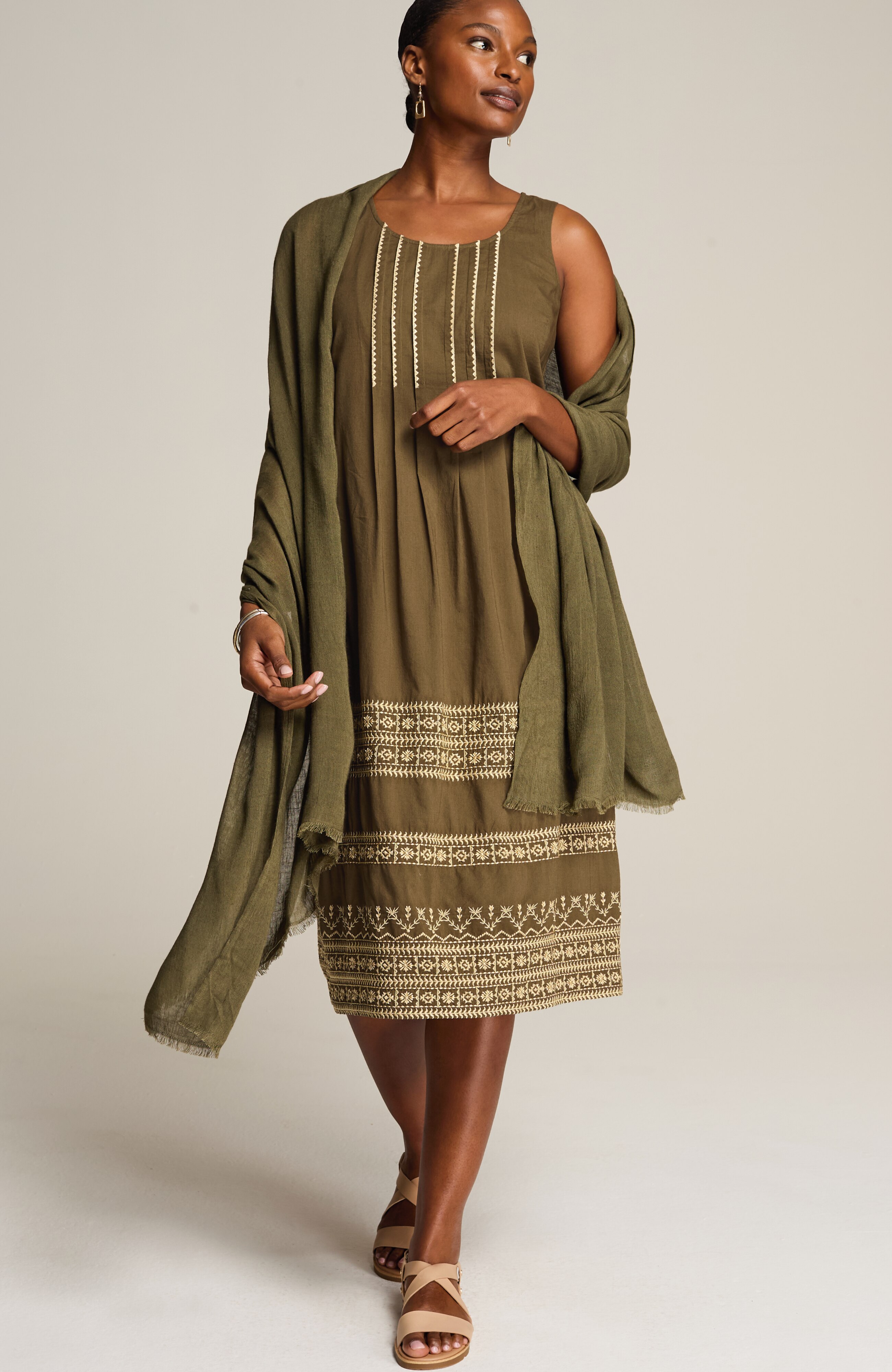 pure jill embroidered midi dress
