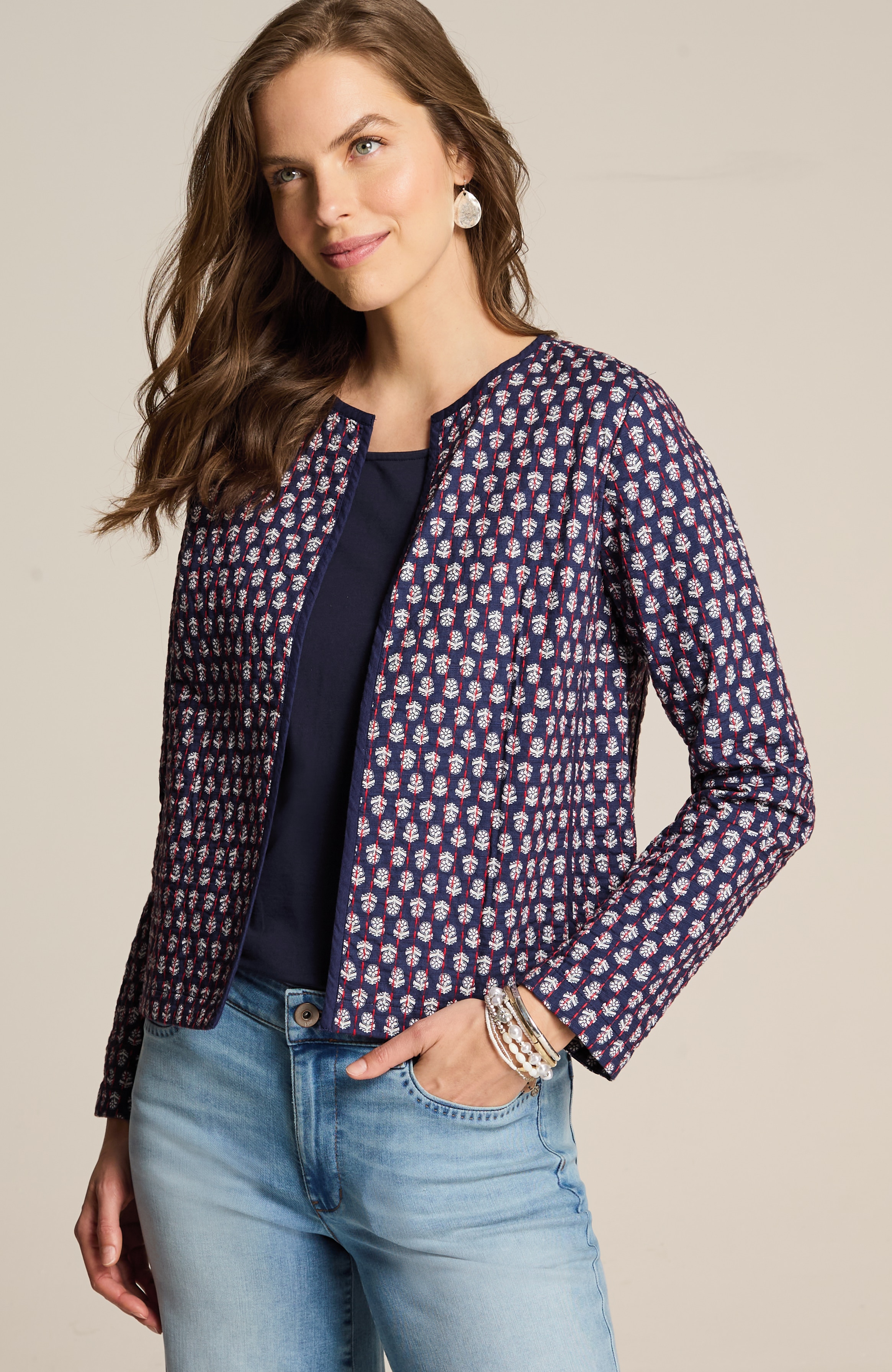 quilted open-front jacket