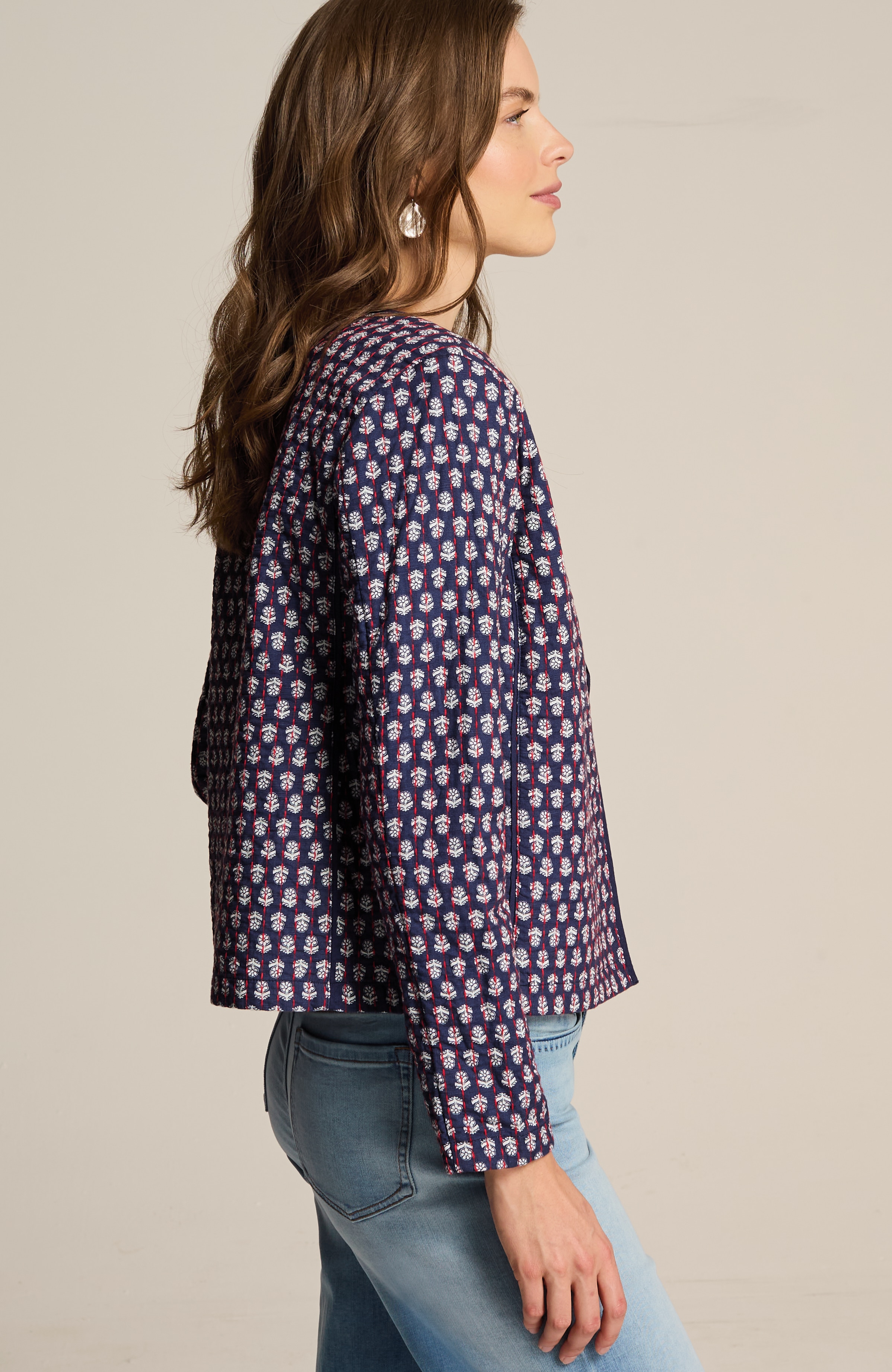 quilted open-front jacket