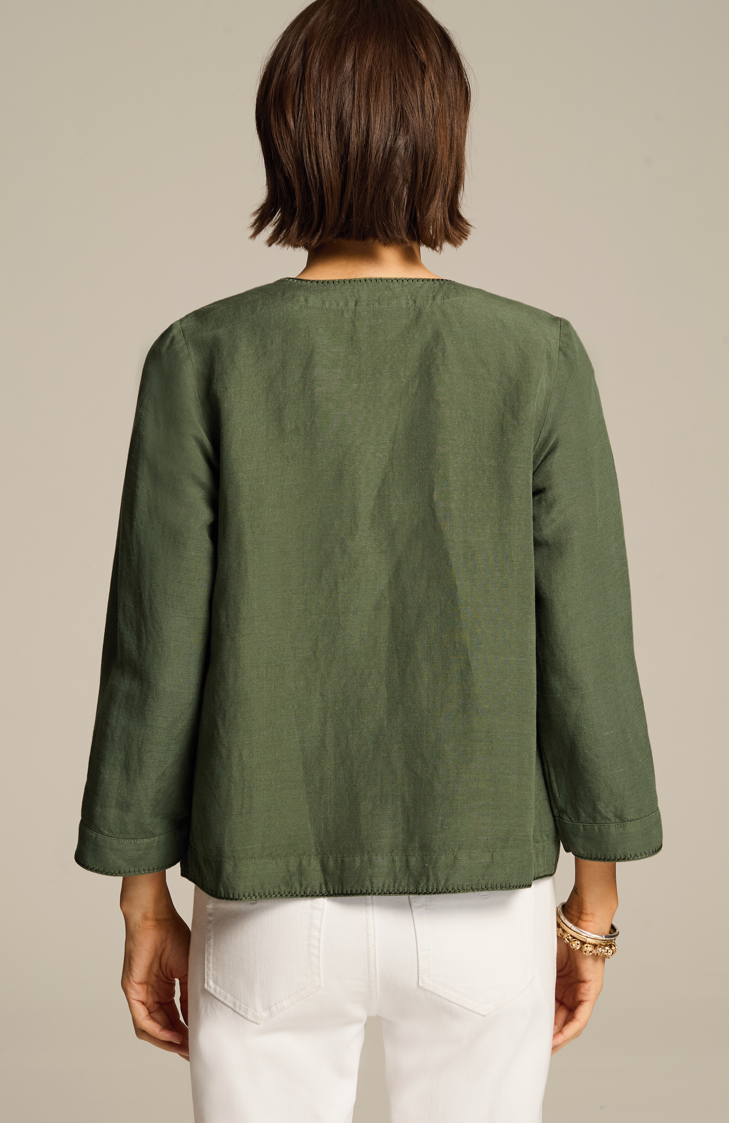 whipstitched open-front jacket