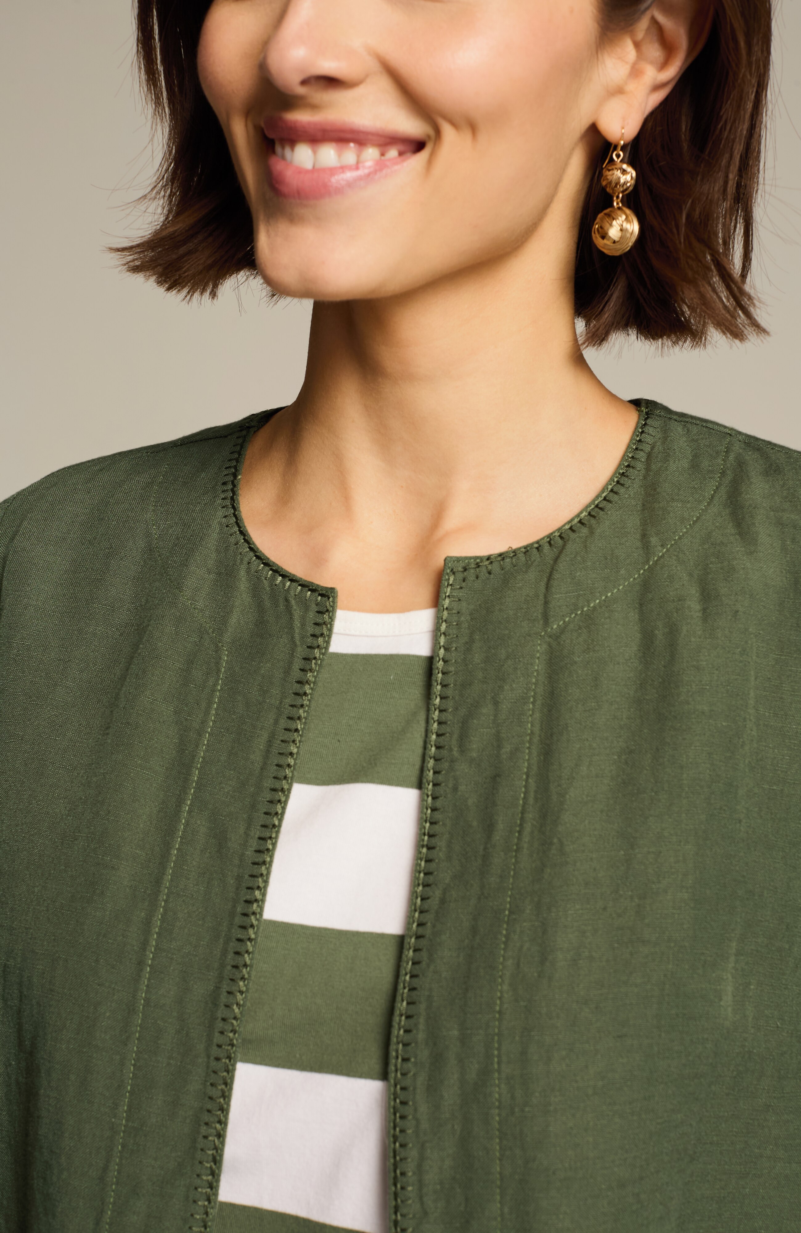 whipstitched open-front jacket
