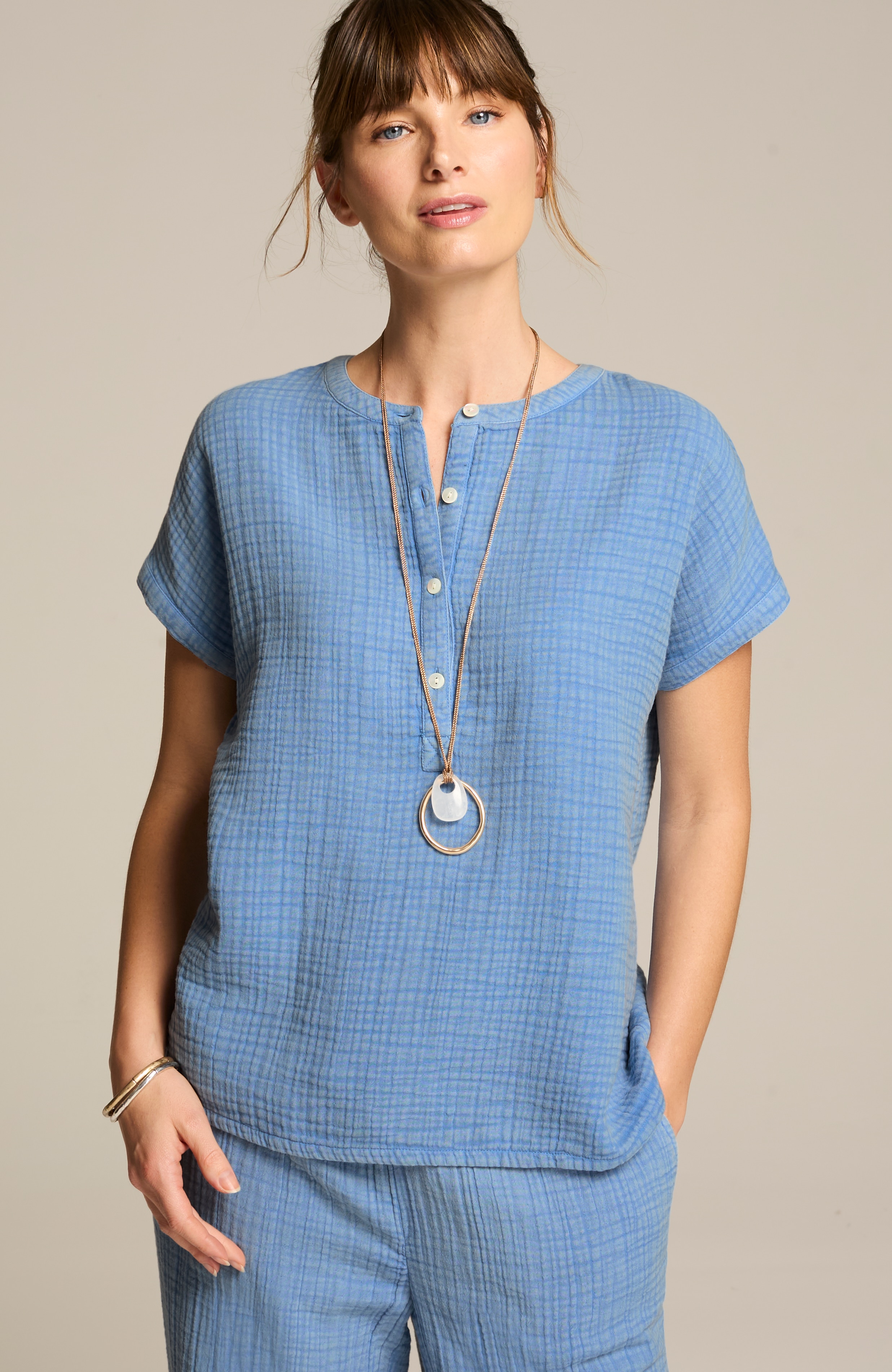pure jill cotton-gauze henley top