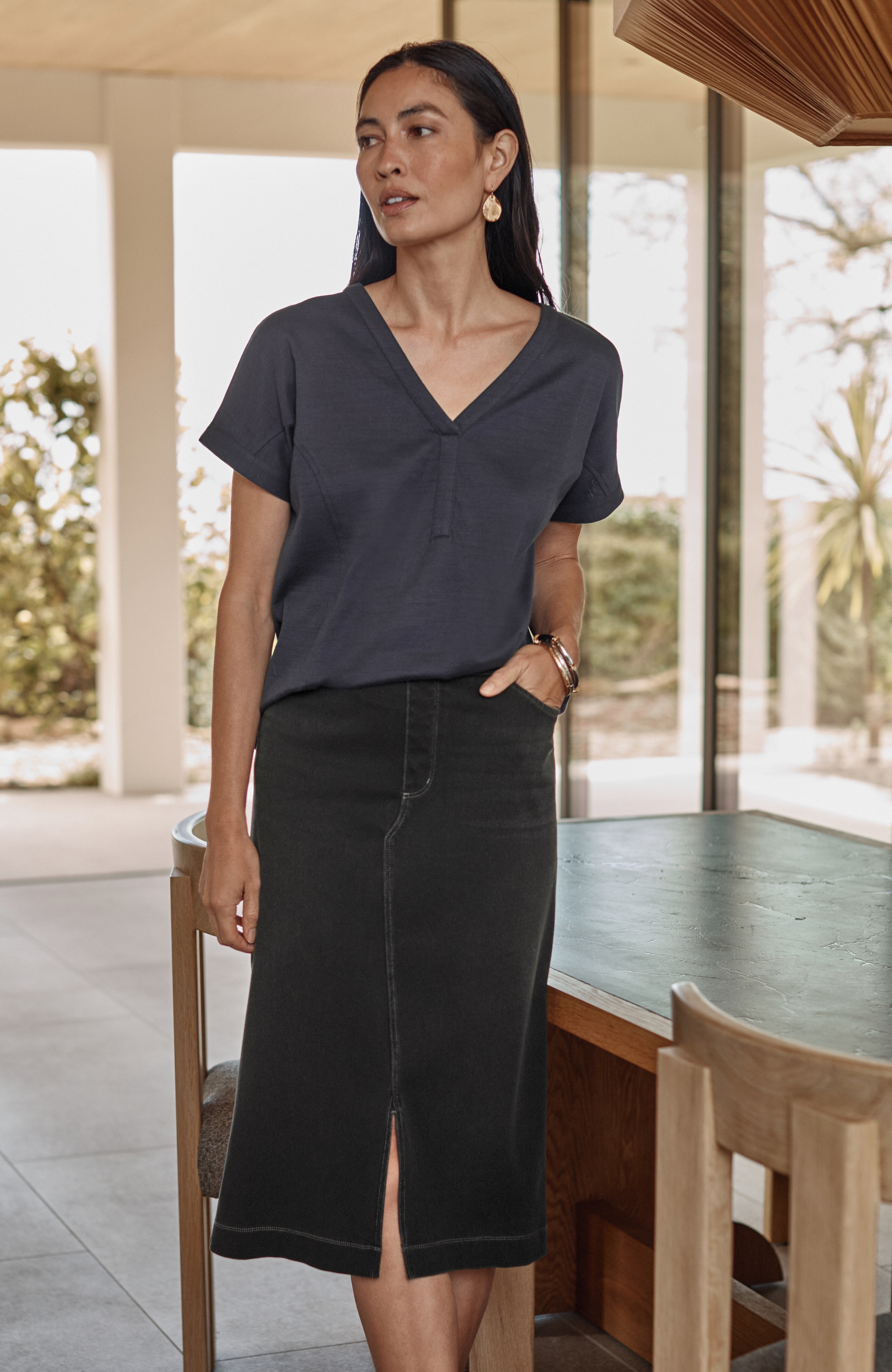 pure jill washed-denim knit skirt