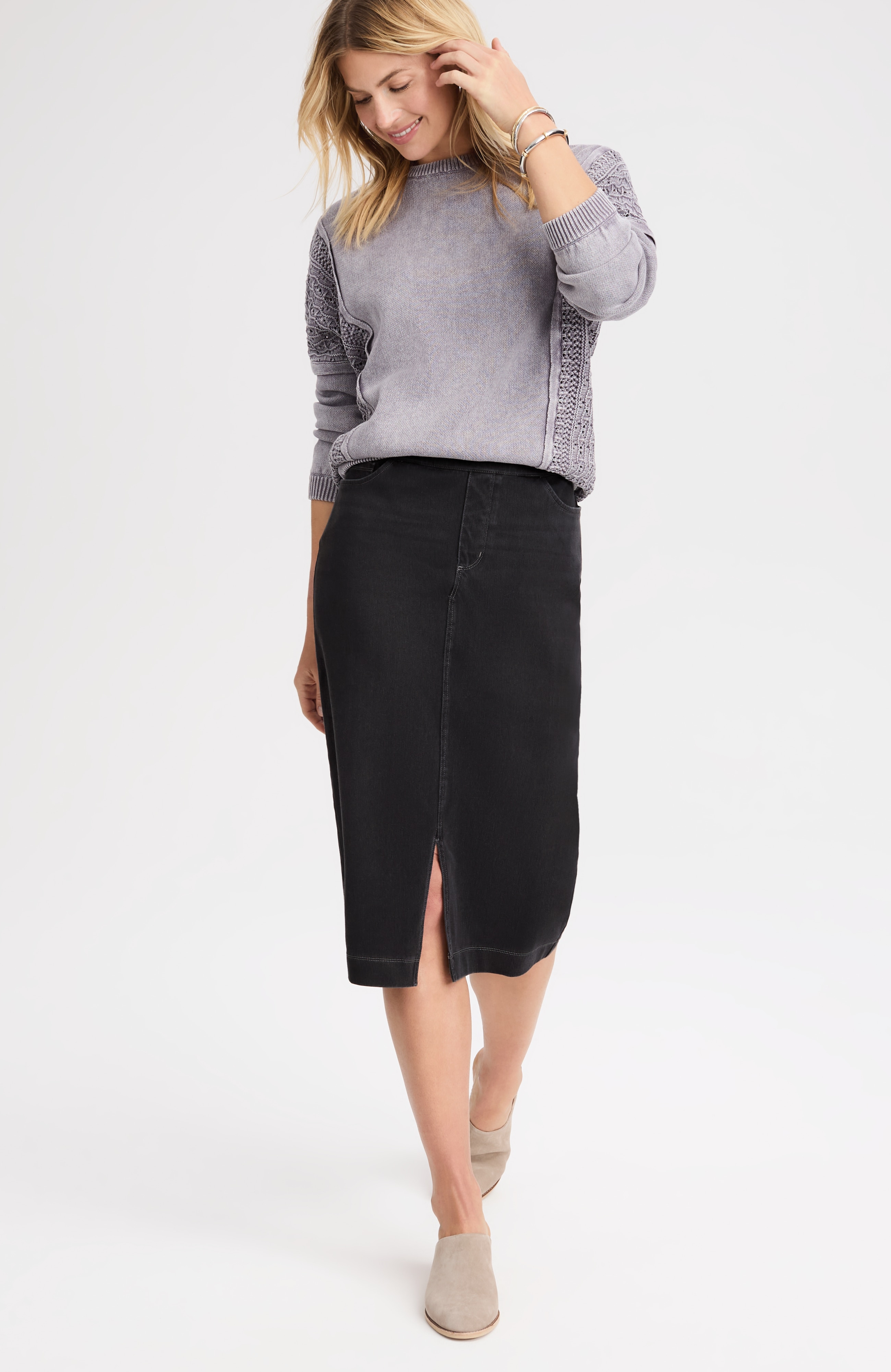 pure jill washed-denim knit skirt