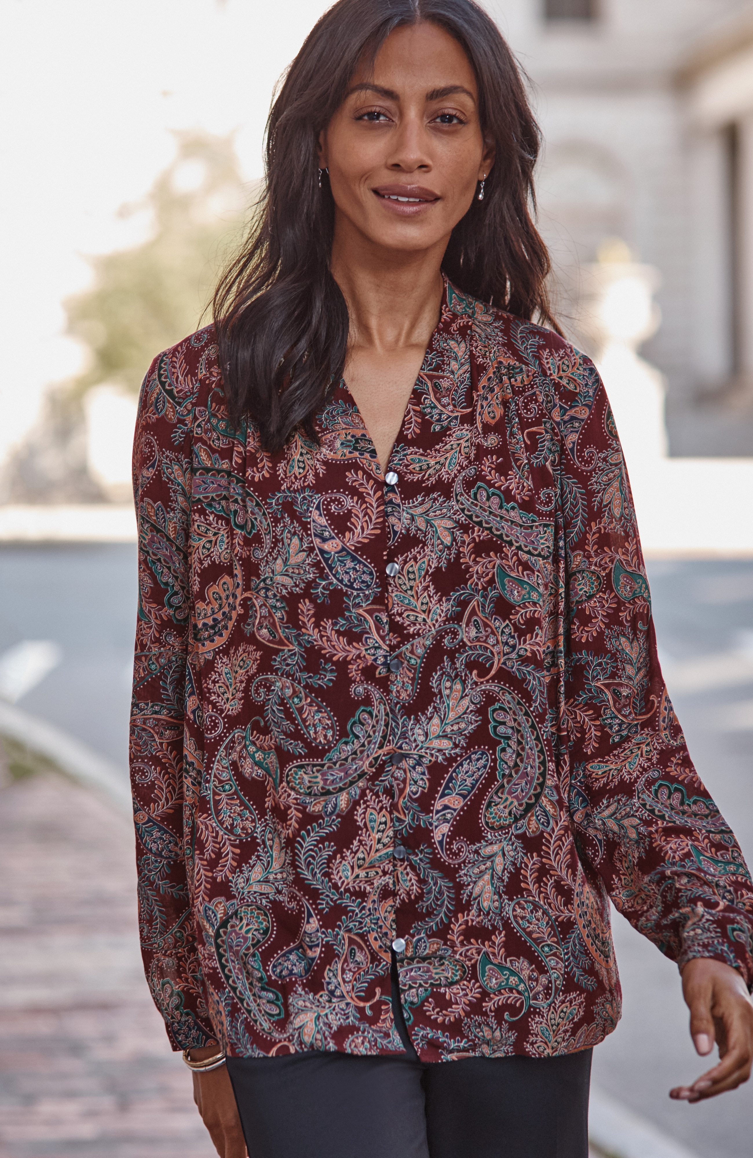 wearever shirred button-front blouse