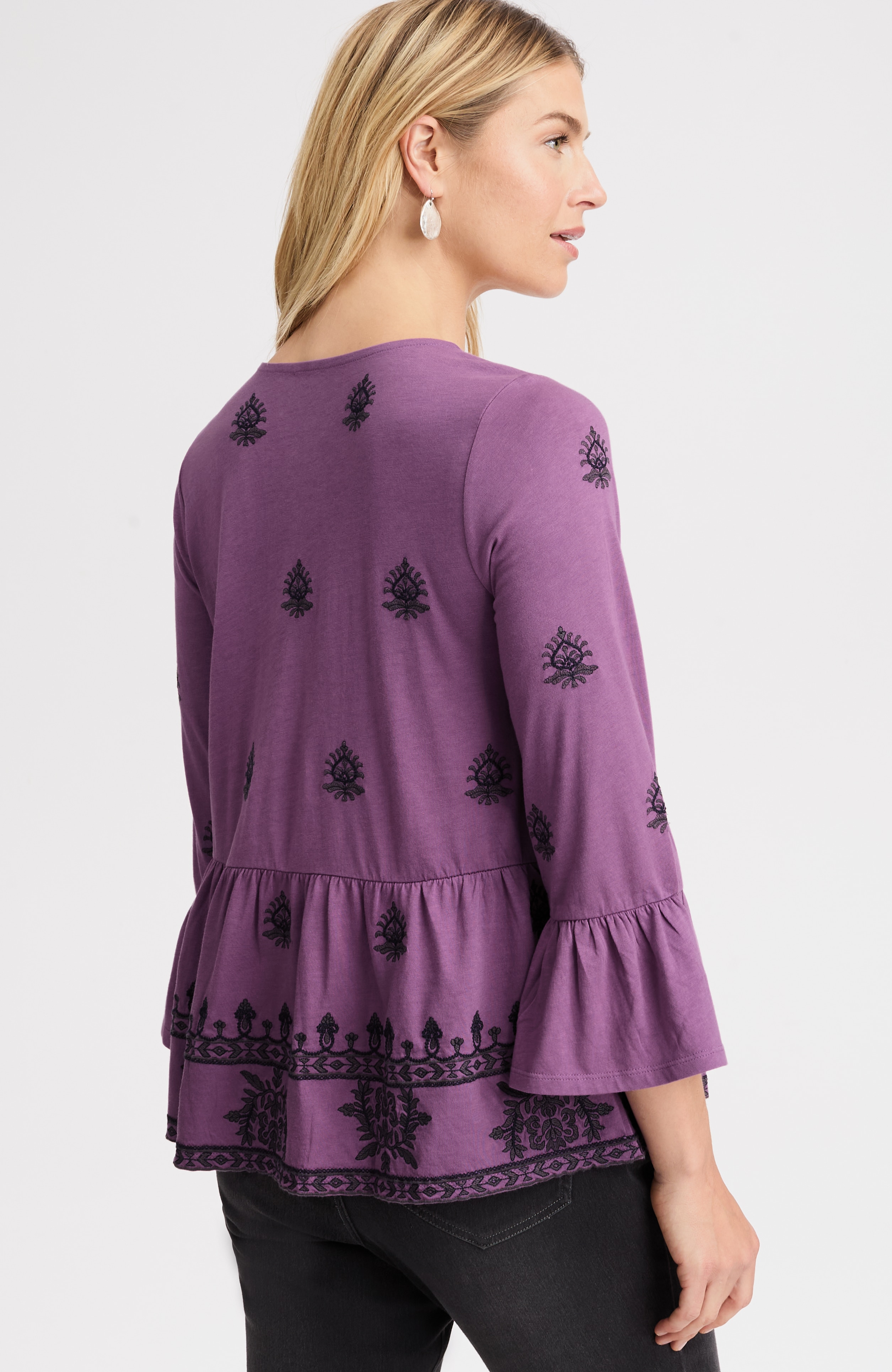 pure jill embroidered-knit flounced top