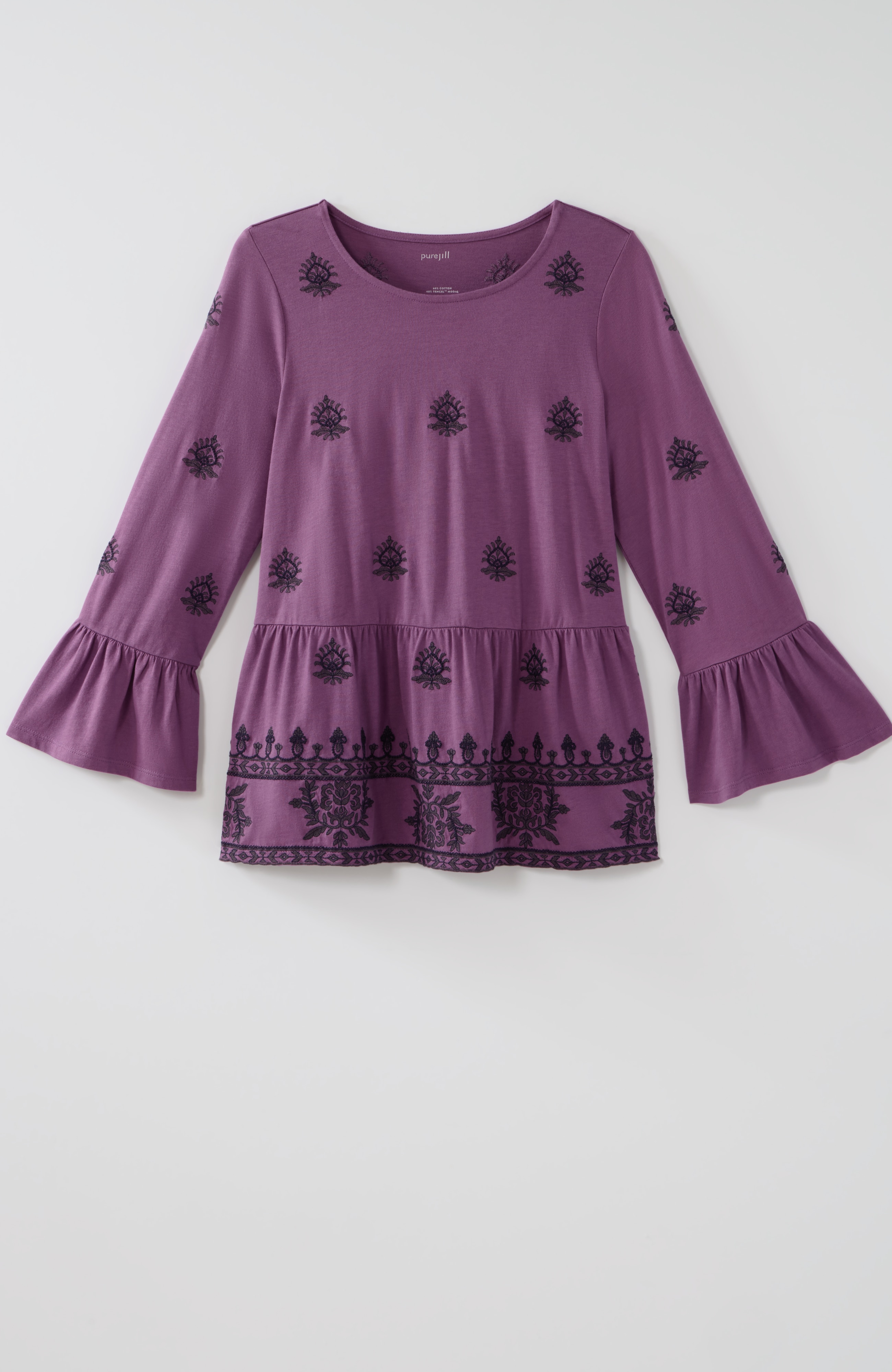pure jill embroidered-knit flounced top