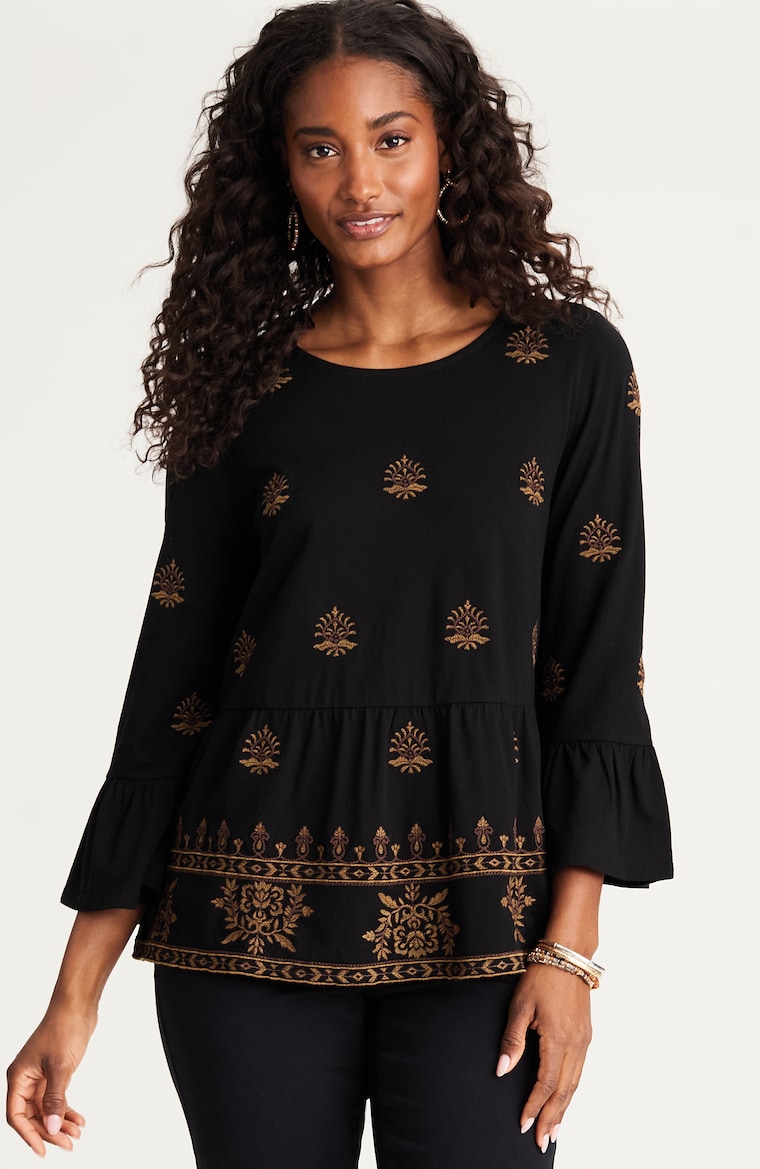 Primary view of the pure jill embroidered-knit flounced top