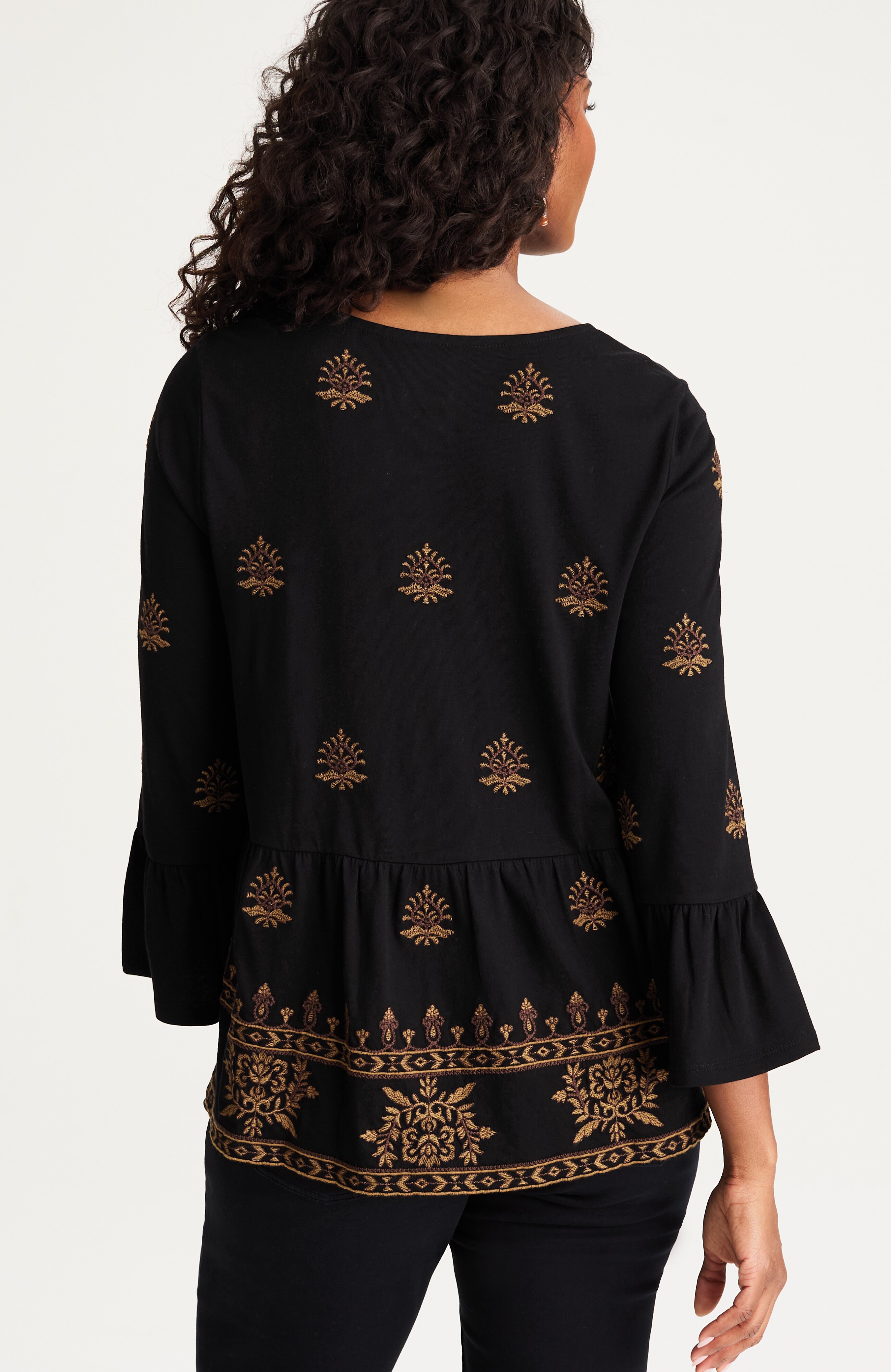 pure jill embroidered-knit flounced top