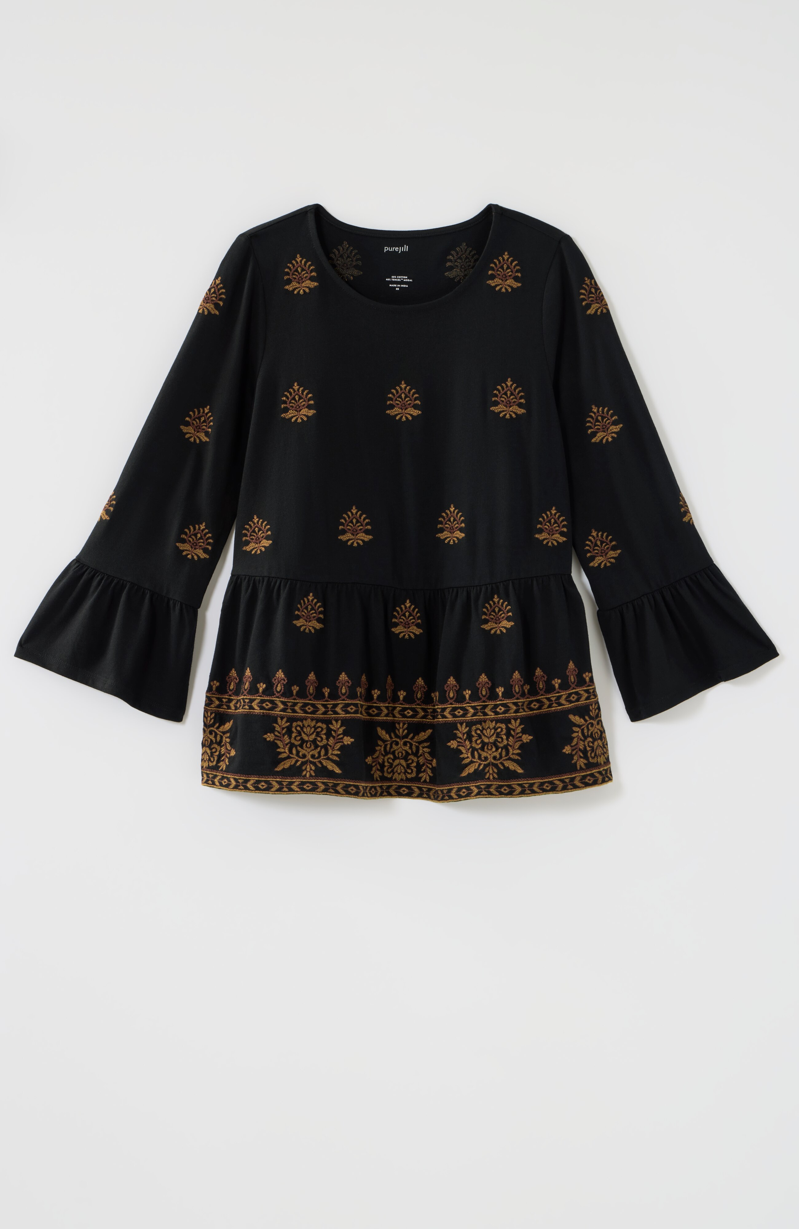 pure jill embroidered-knit flounced top