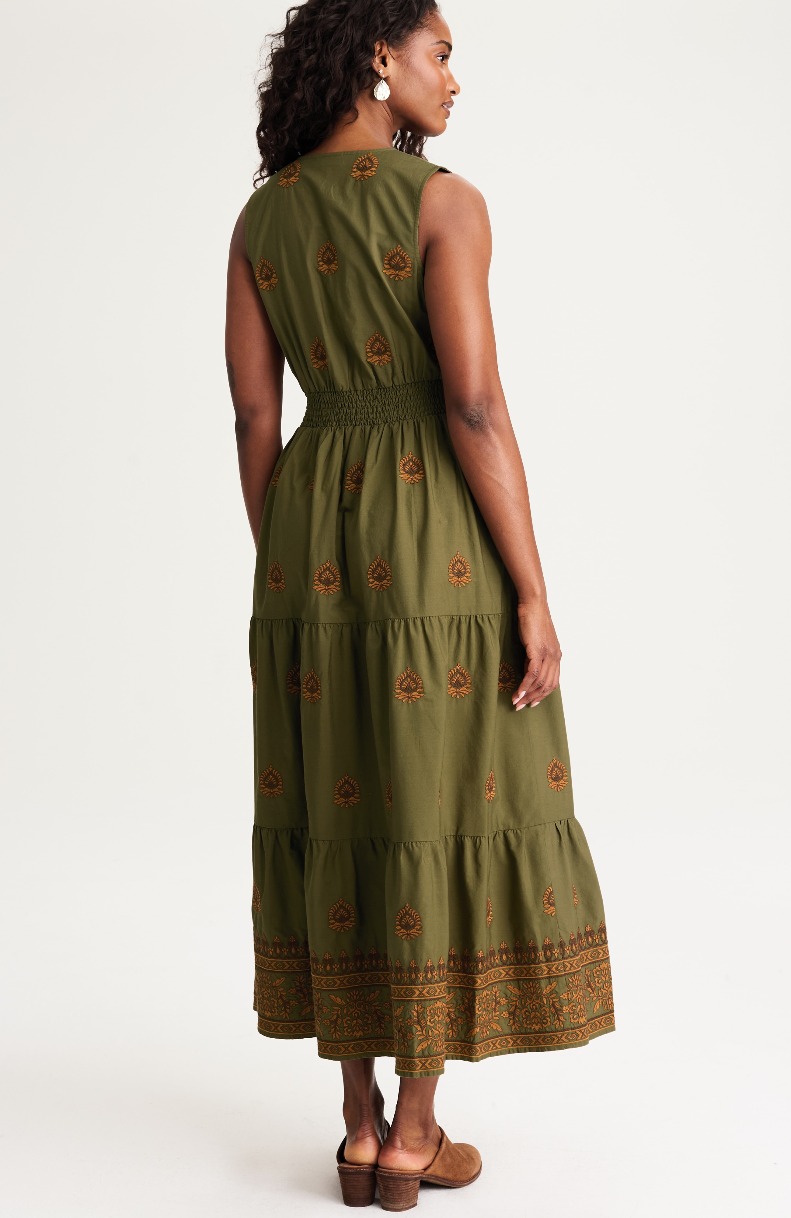 pure jill embroidered smocked-waist tiered dress