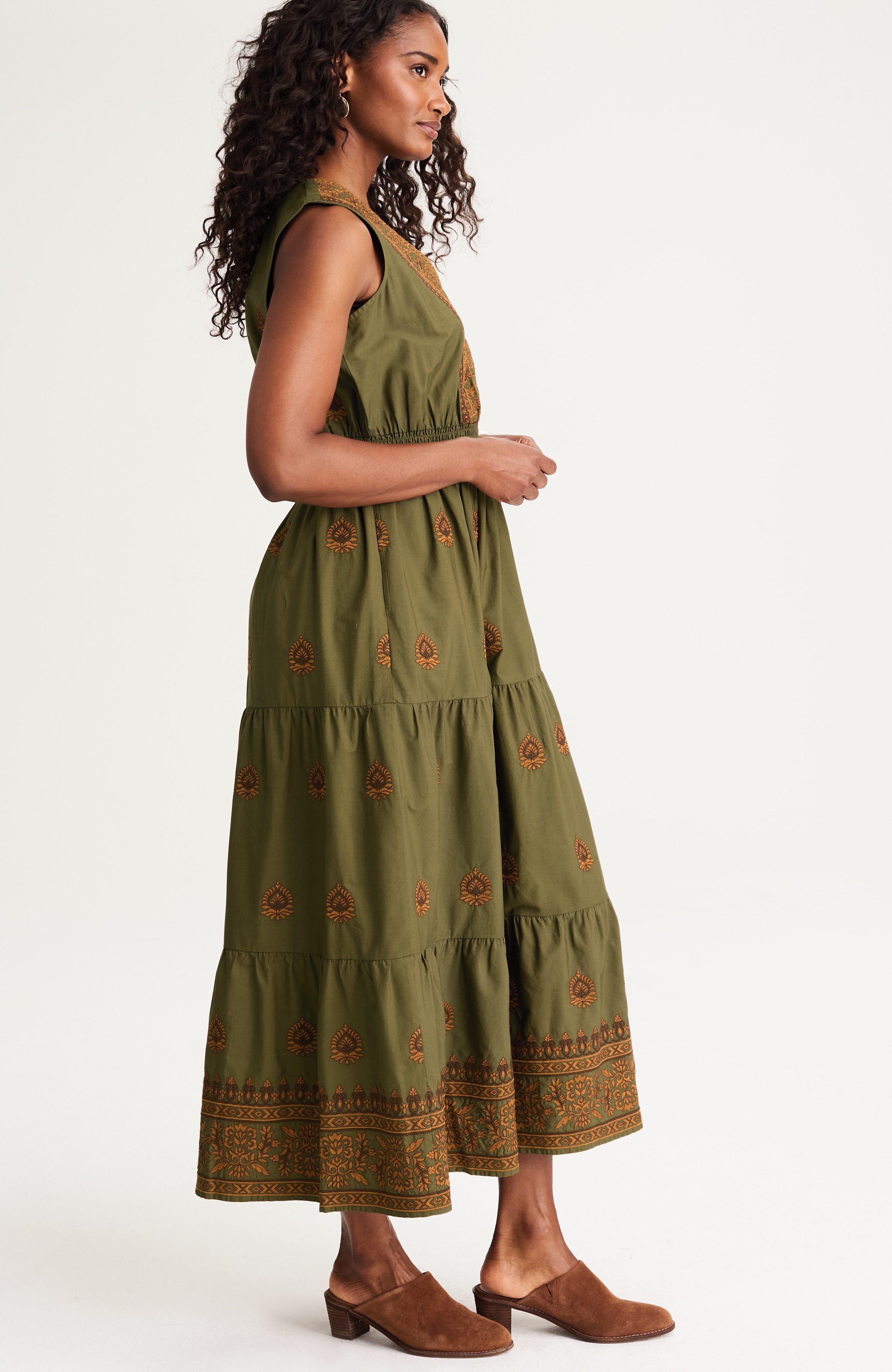 pure jill embroidered smocked-waist tiered dress