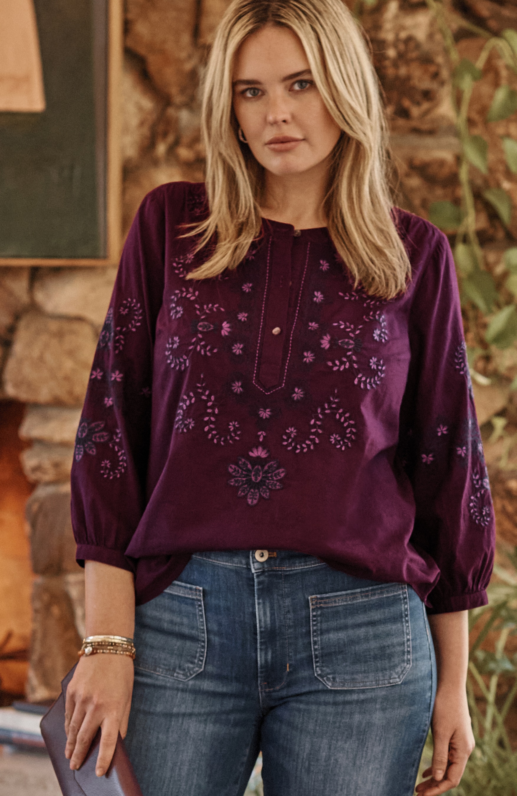 Tonal Floral-Embroidered Top | JJill