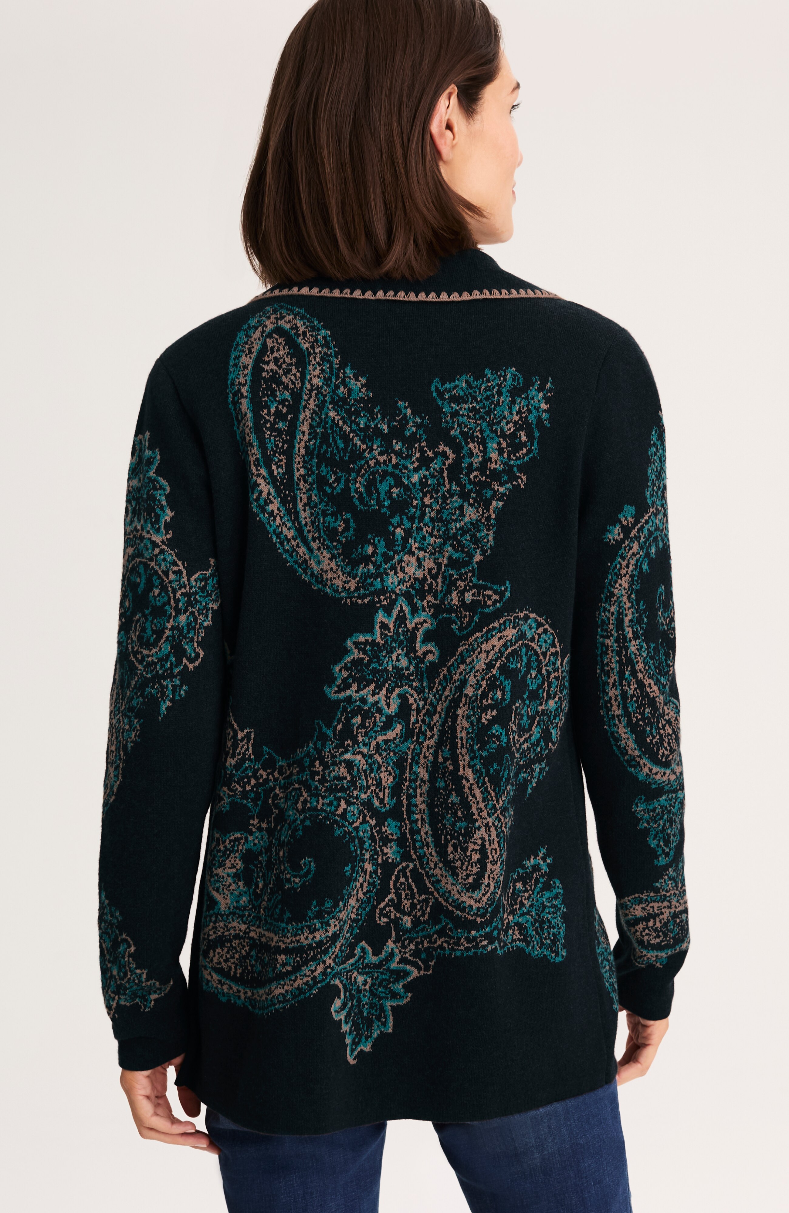 embroidered jacquard shawl-collar cardi