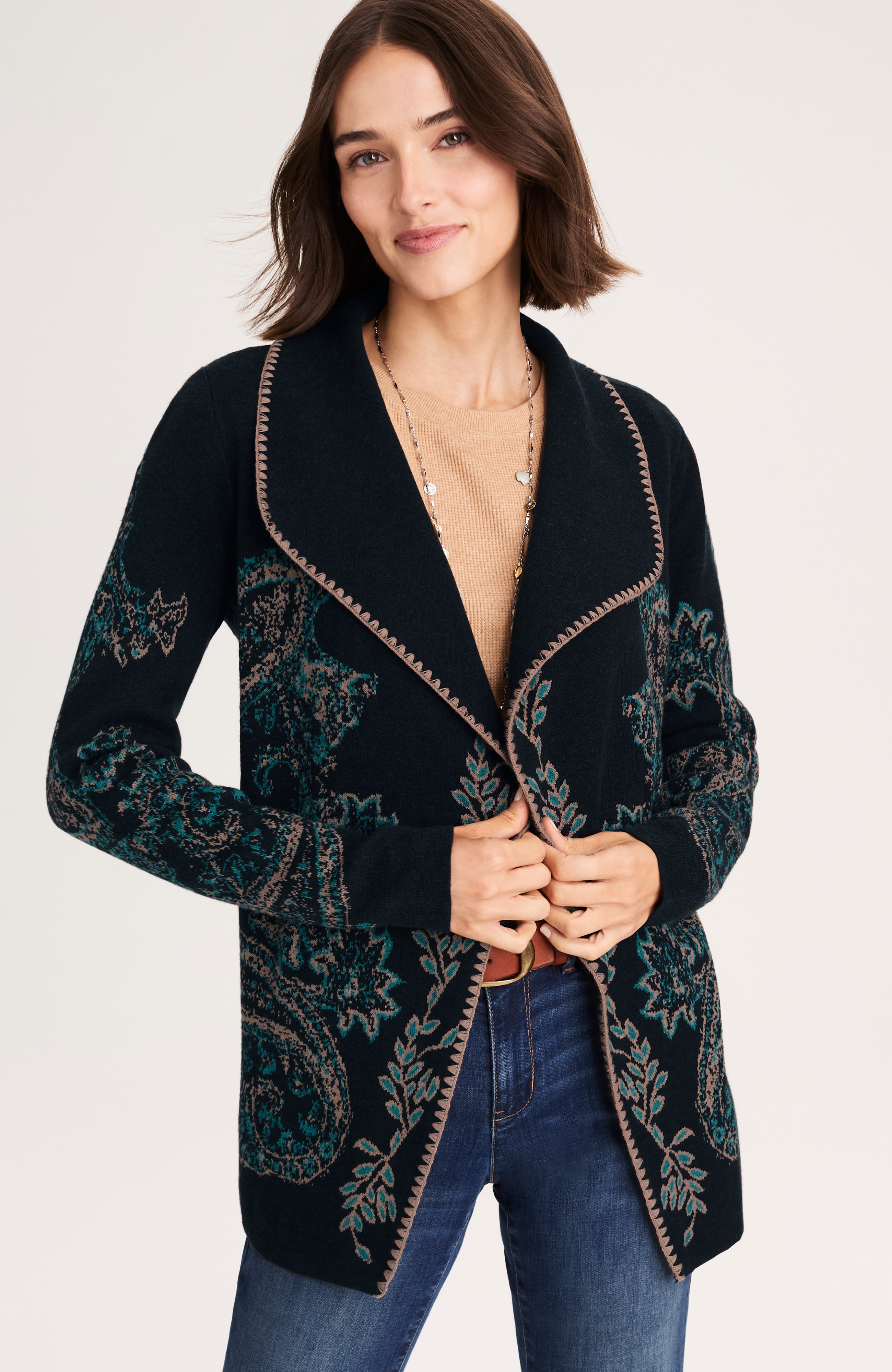 EMBROIDERED JACQUARD SHAWL-COLLAR CARDI | JJill