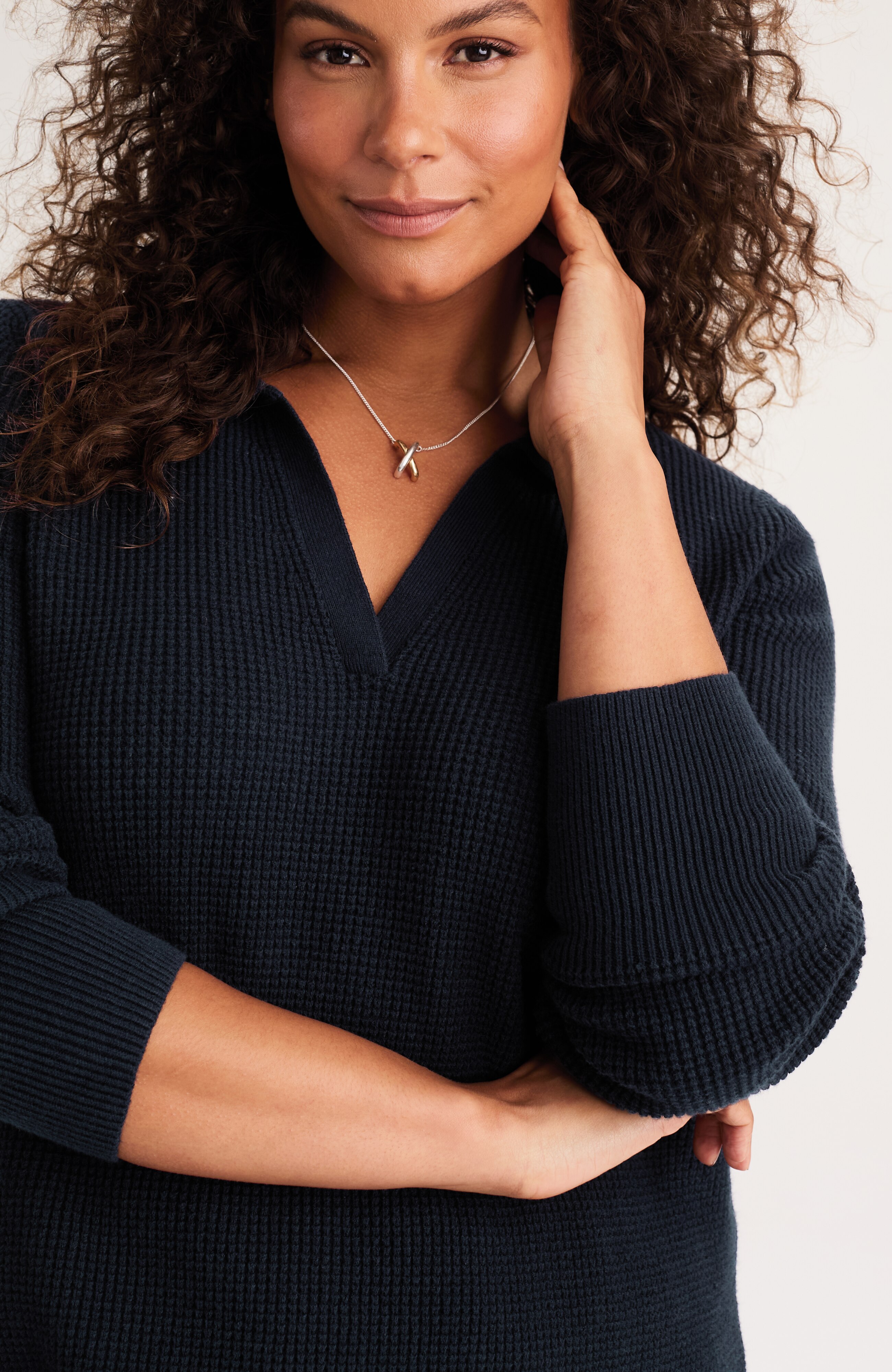 textured johnny-collar sweater tunic