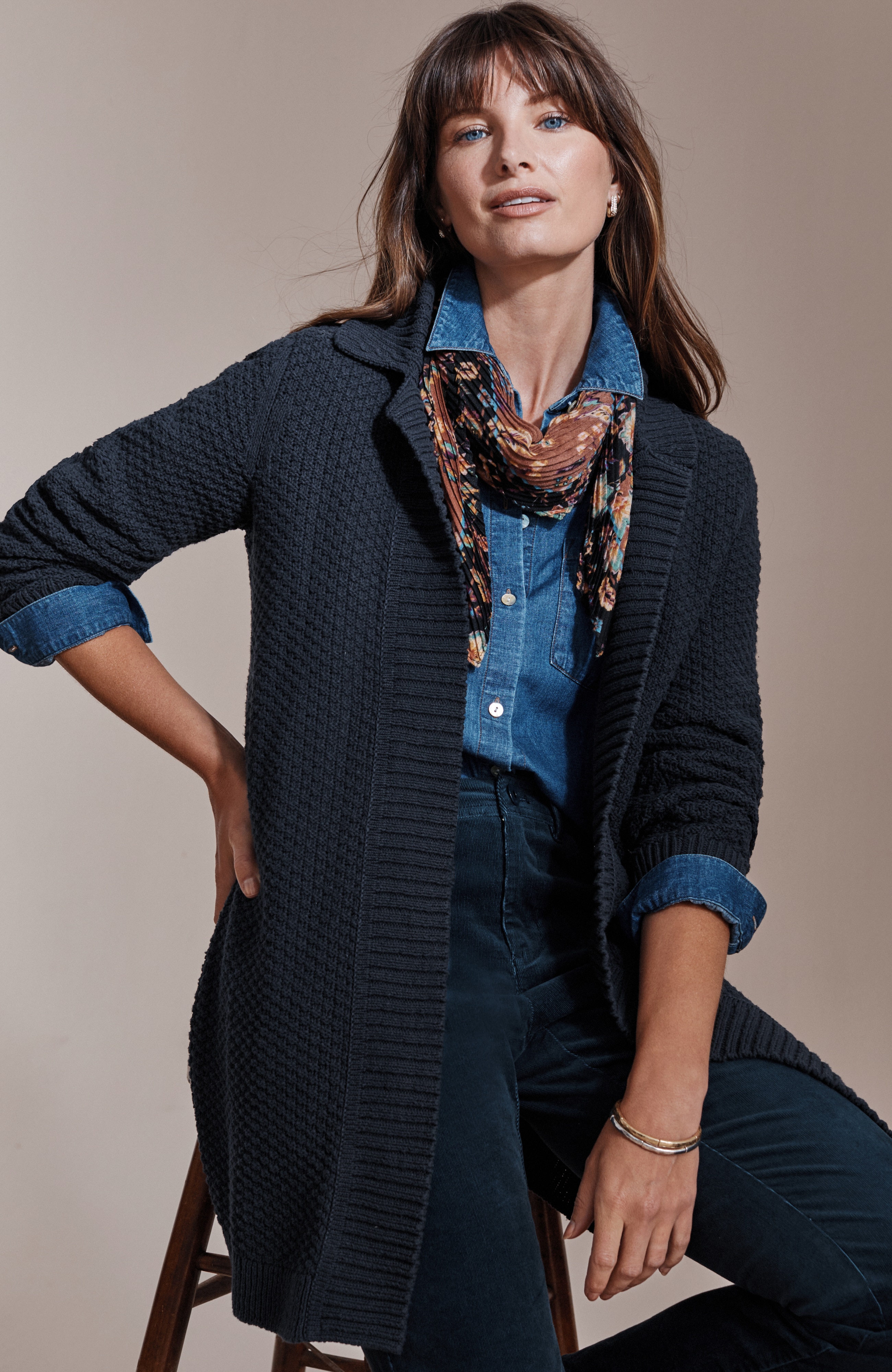 textured notched-collar open-front cardi