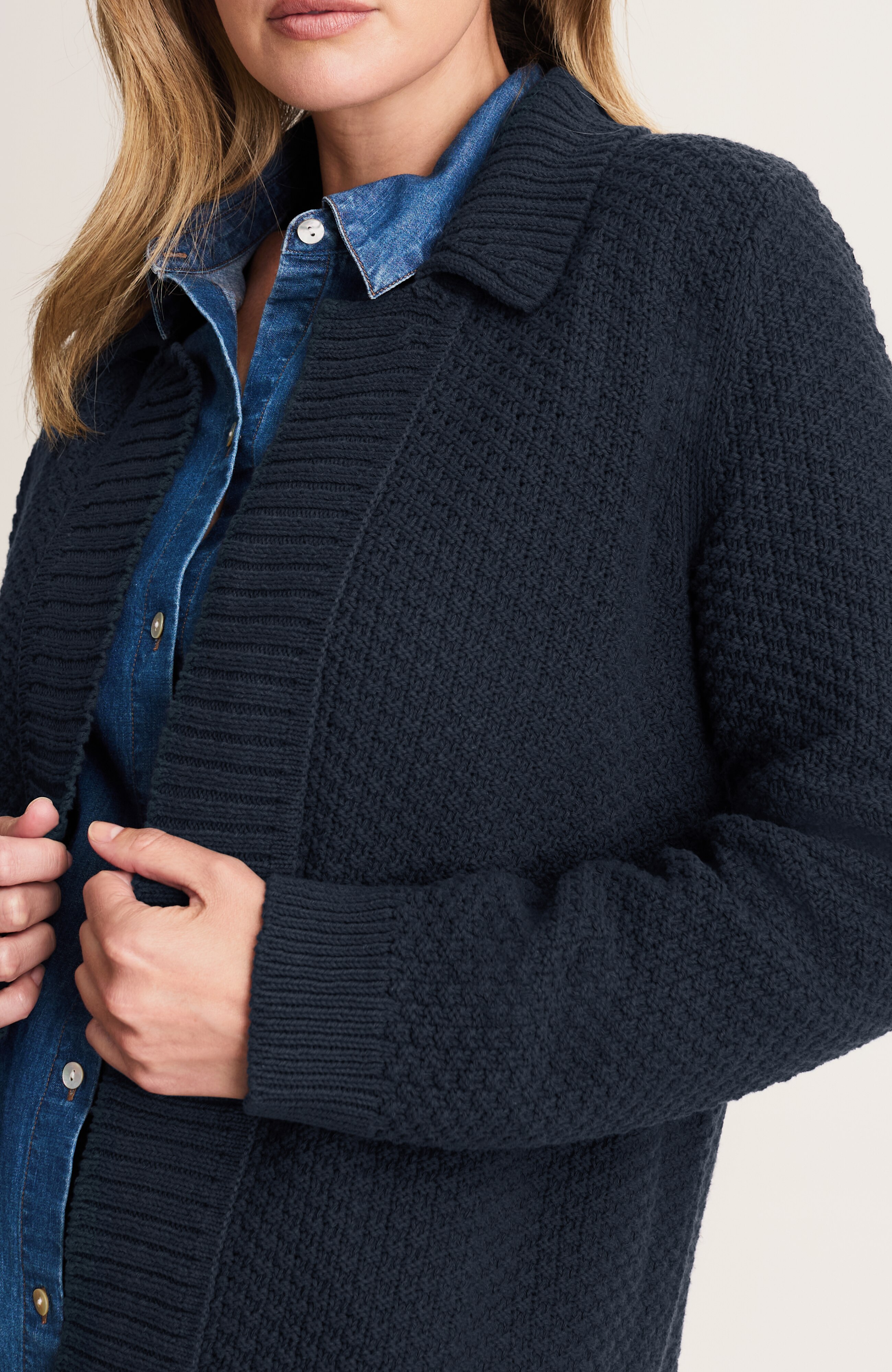 textured notched-collar open-front cardi