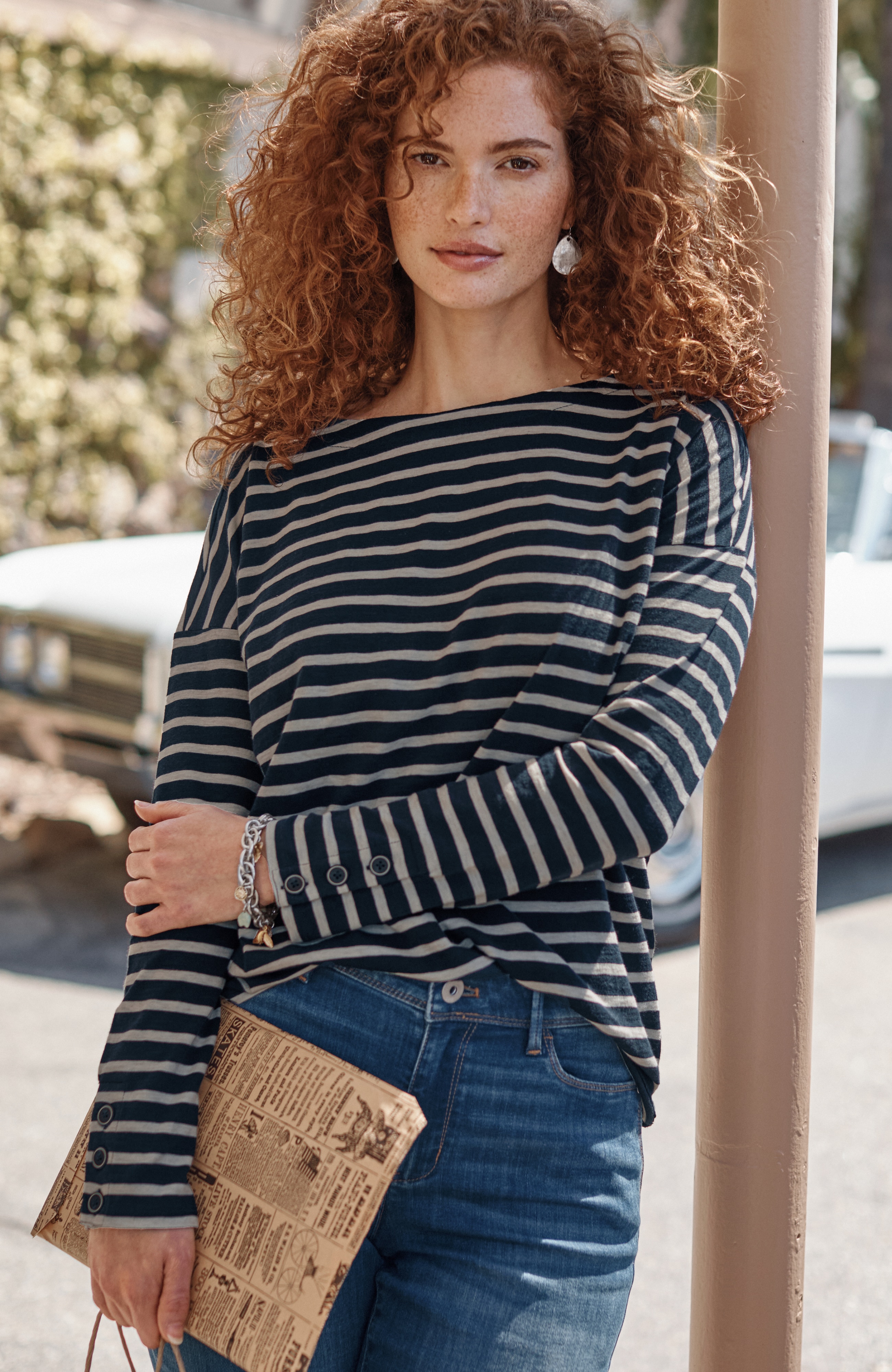 Striped Buttoned-Cuff Tee | JJill