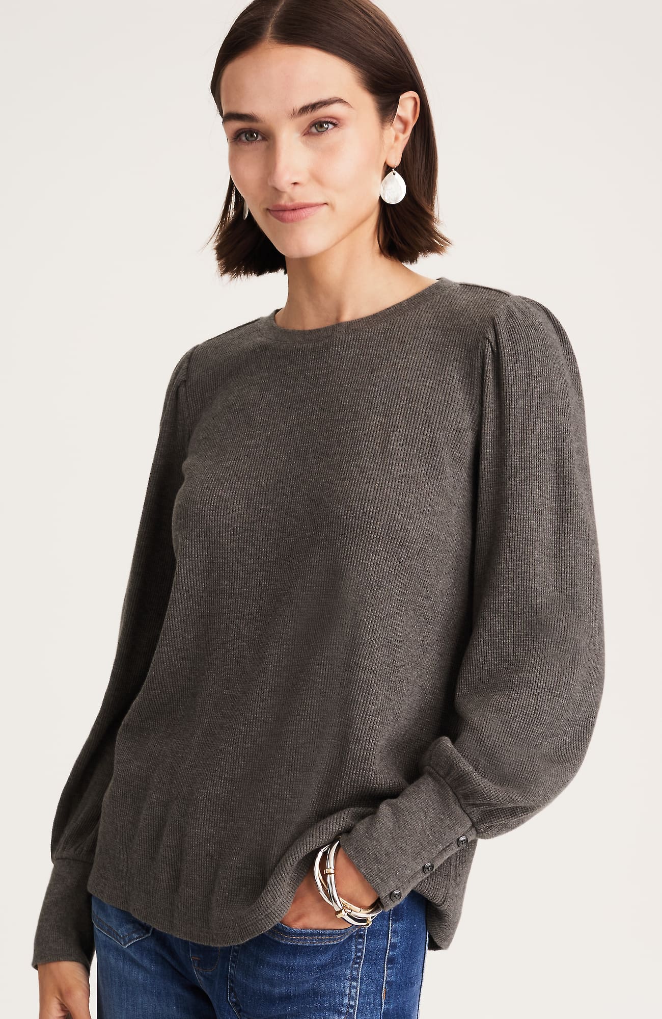 Jjill J.jill Buttoned-cuff Waffle Top In Gray