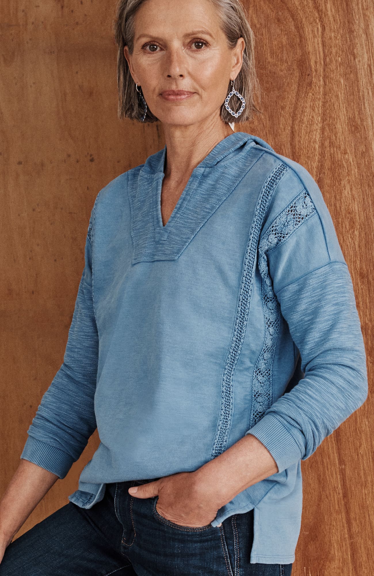 Jjill J.jill Garment-dyed Mixed-terry Crochet Hoodie In Blue