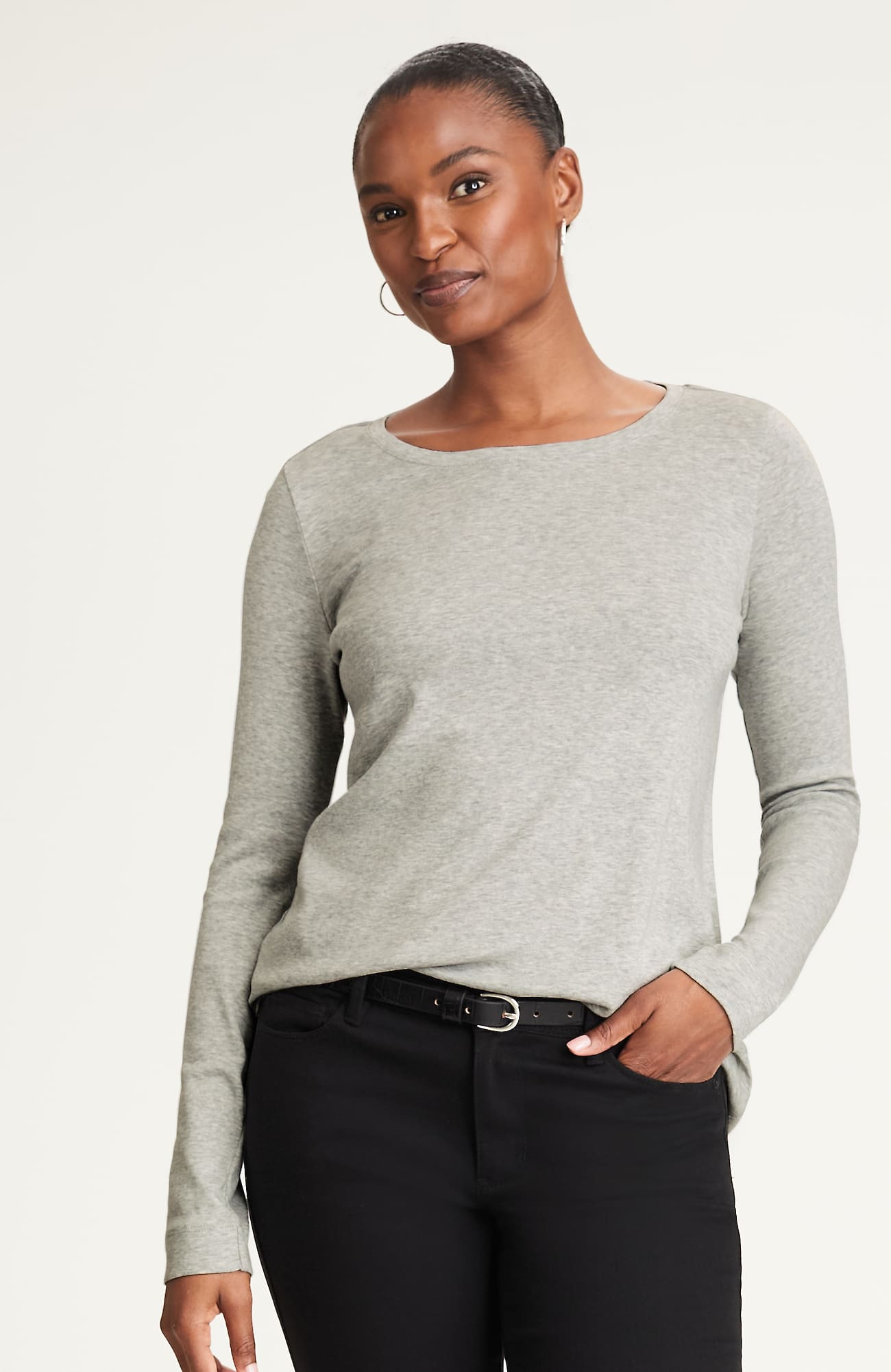Jjill Petite Pima Long-sleeve Crew-neck Tee Shirt In Grey