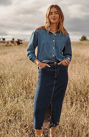 Image for Fringed-Hem Denim Midi Skirt