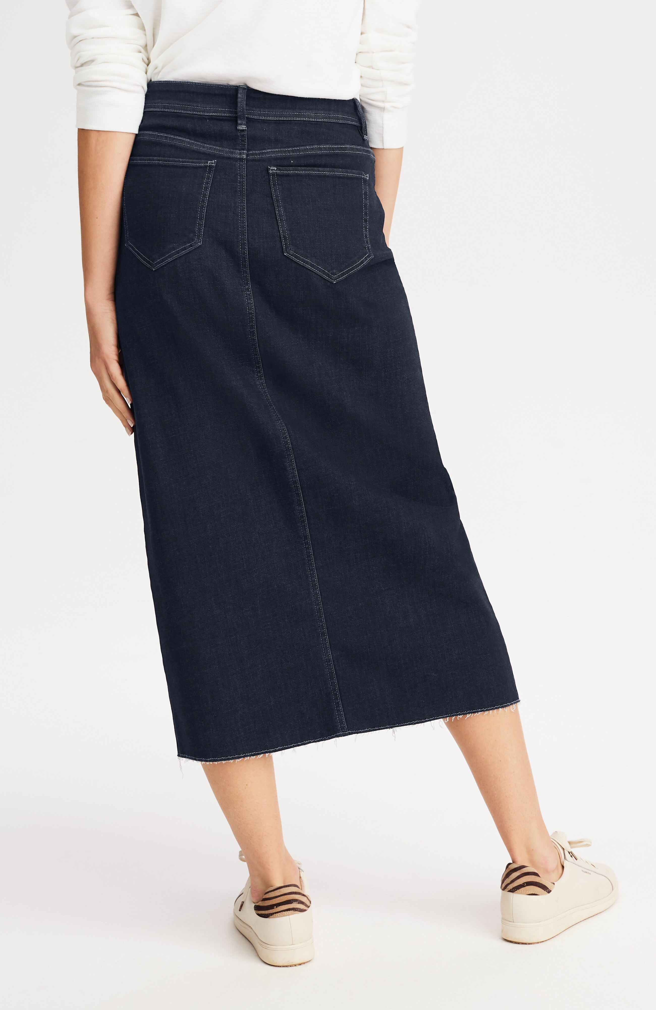 FRINGED-HEM DENIM MIDI SKIRT | JJill