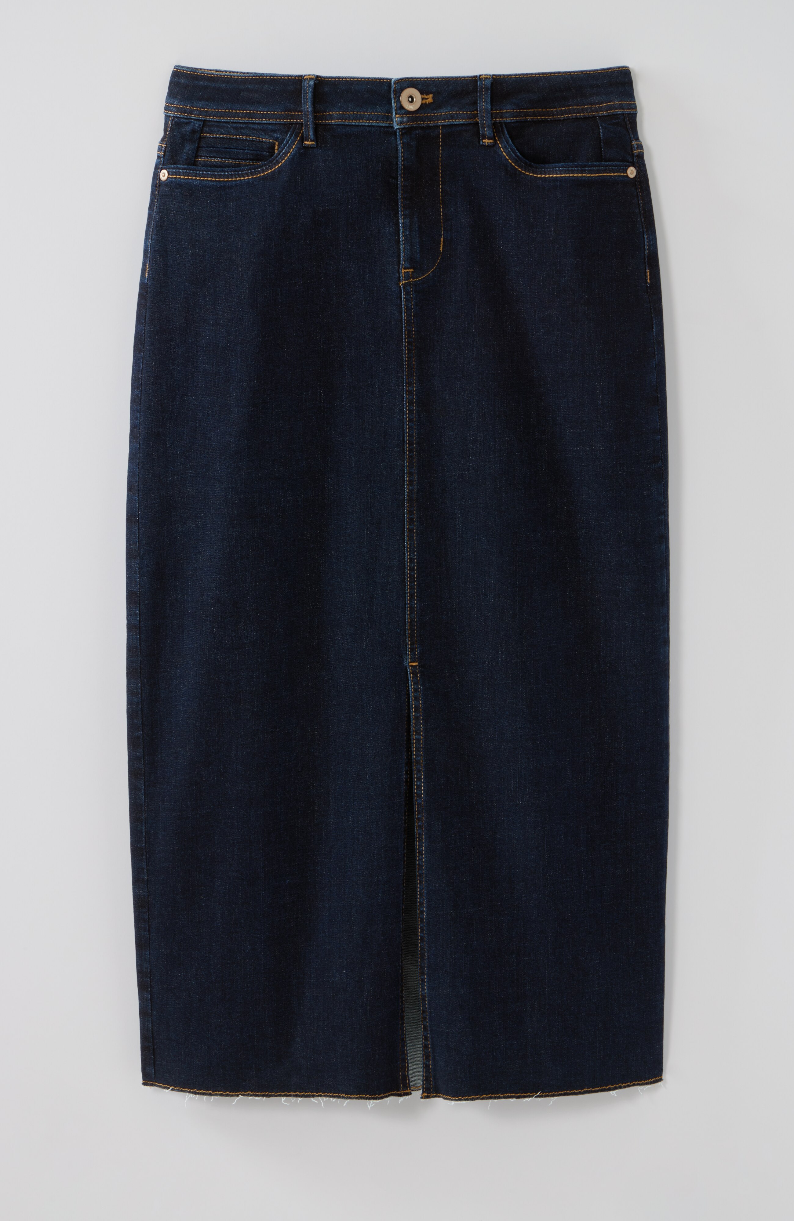 fringed-hem denim midi skirt