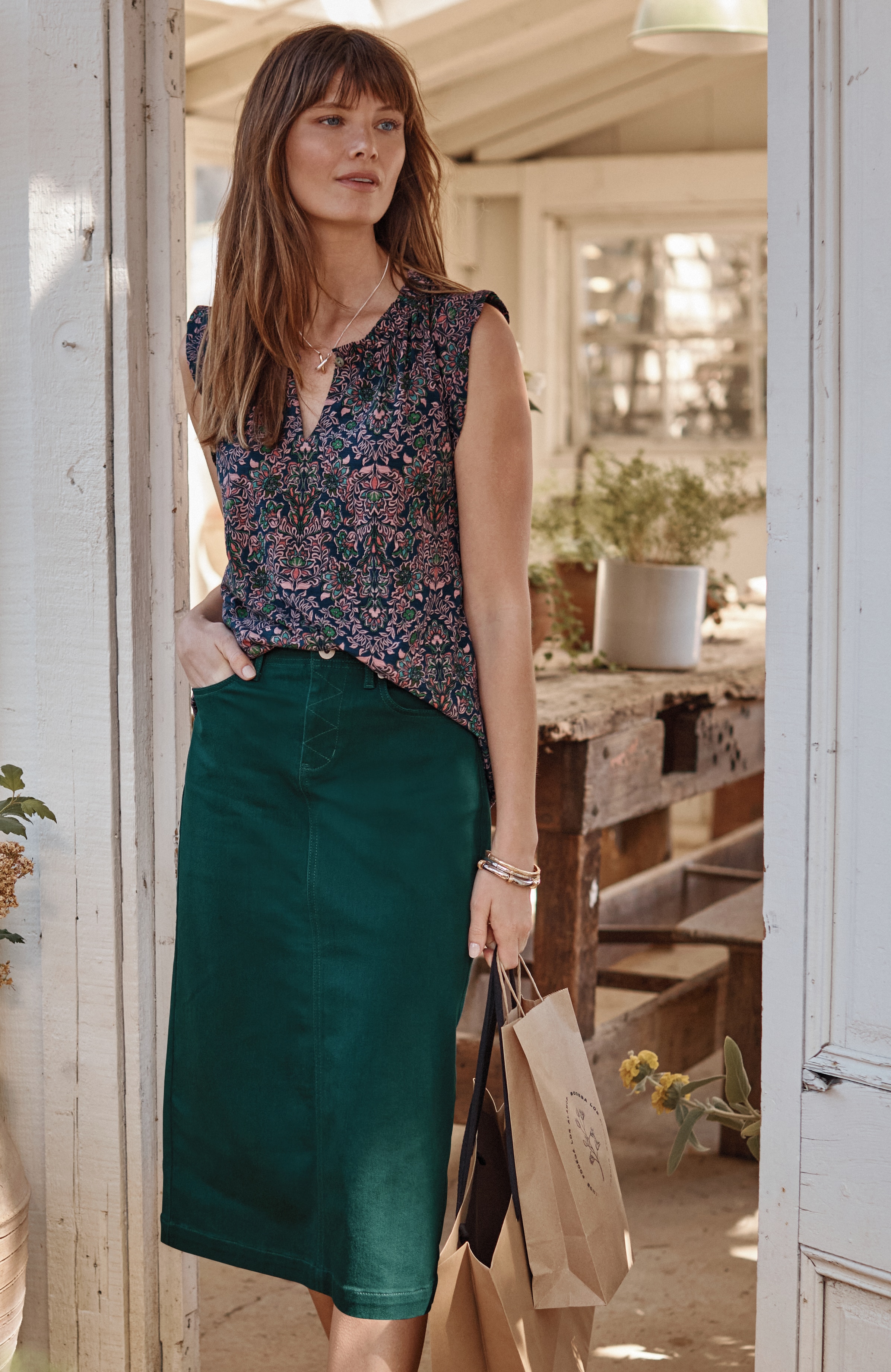 slit-back denim midi skirt