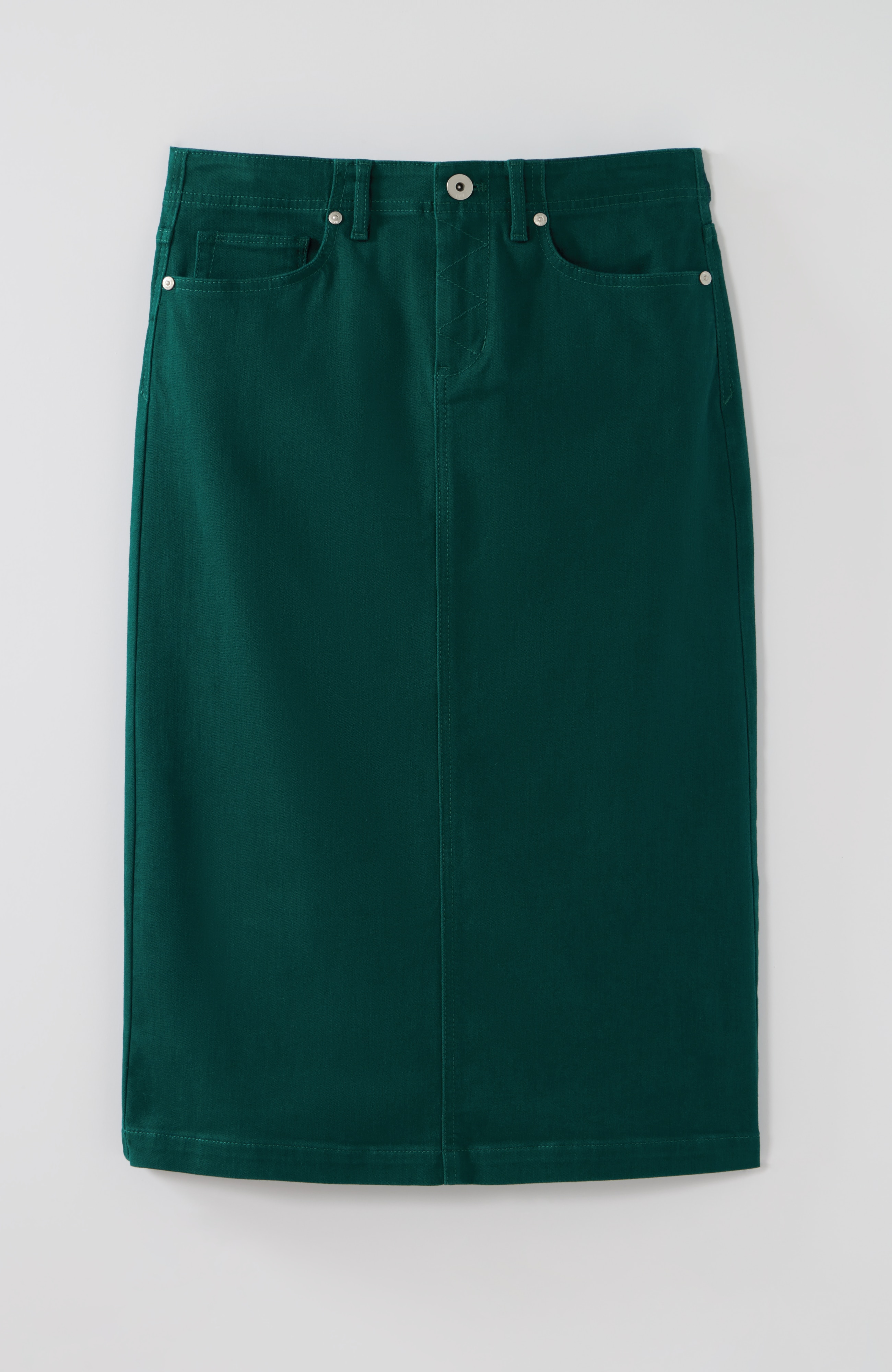 slit-back denim midi skirt