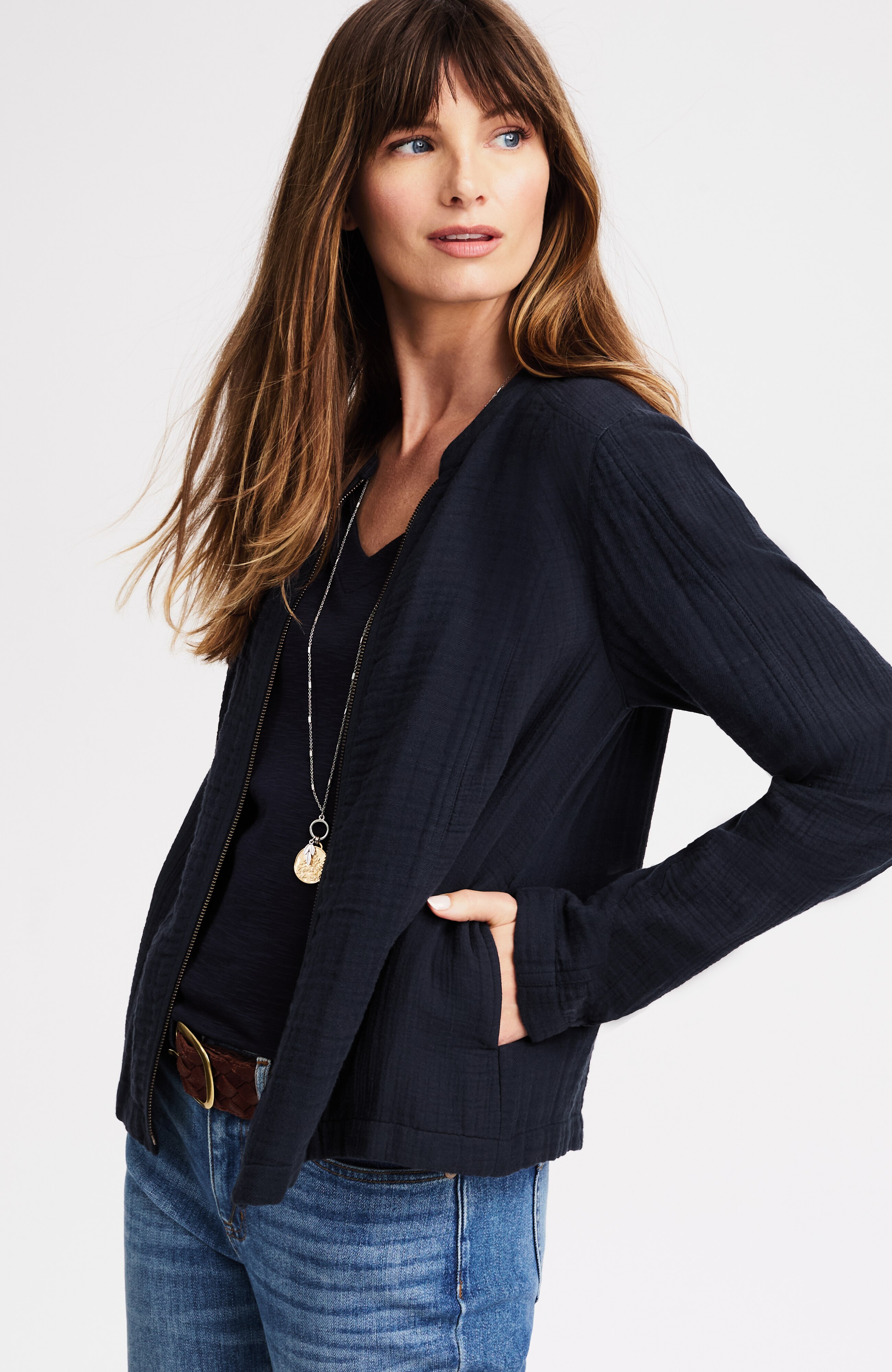 mixed-gauze garment-washed jacket