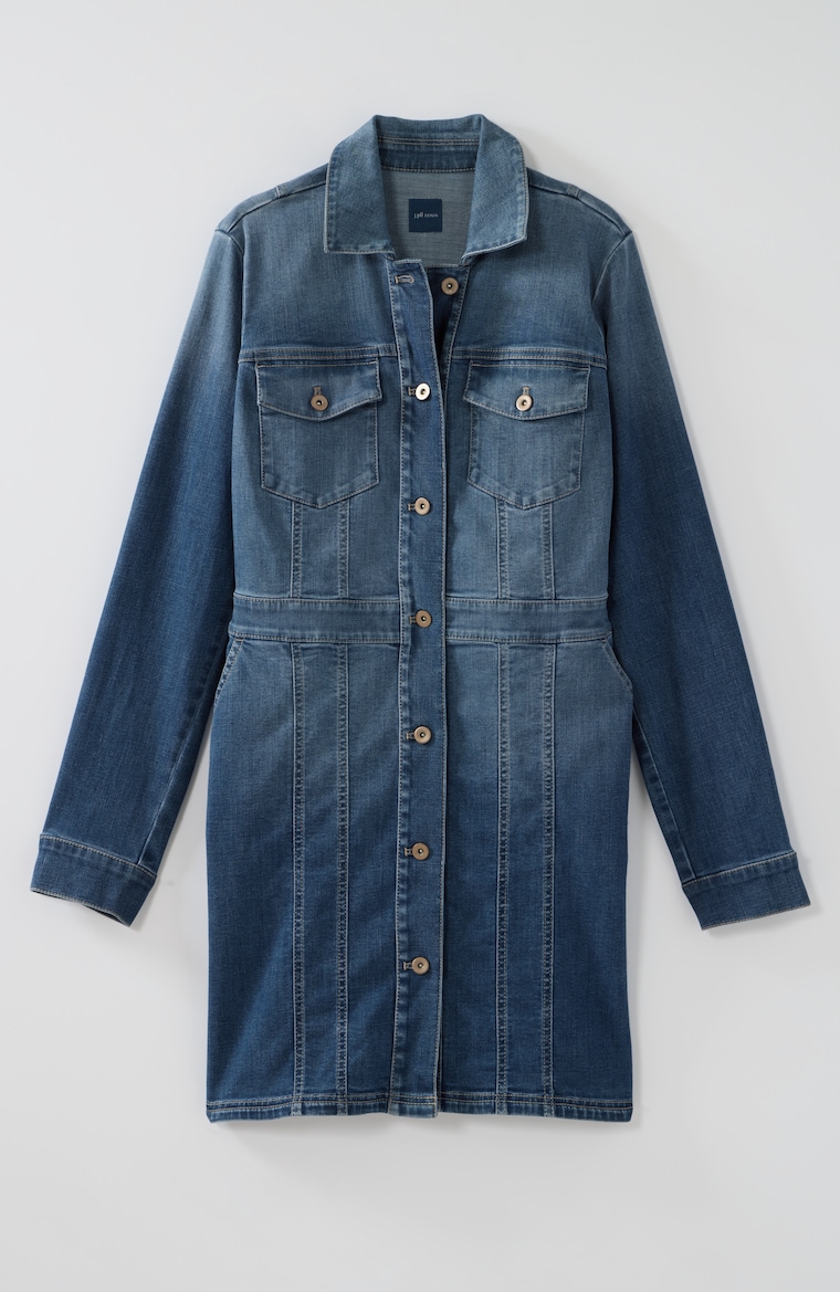 denim duster dress Long Denim Duster Jacket-Washedblue Tribal Fashion