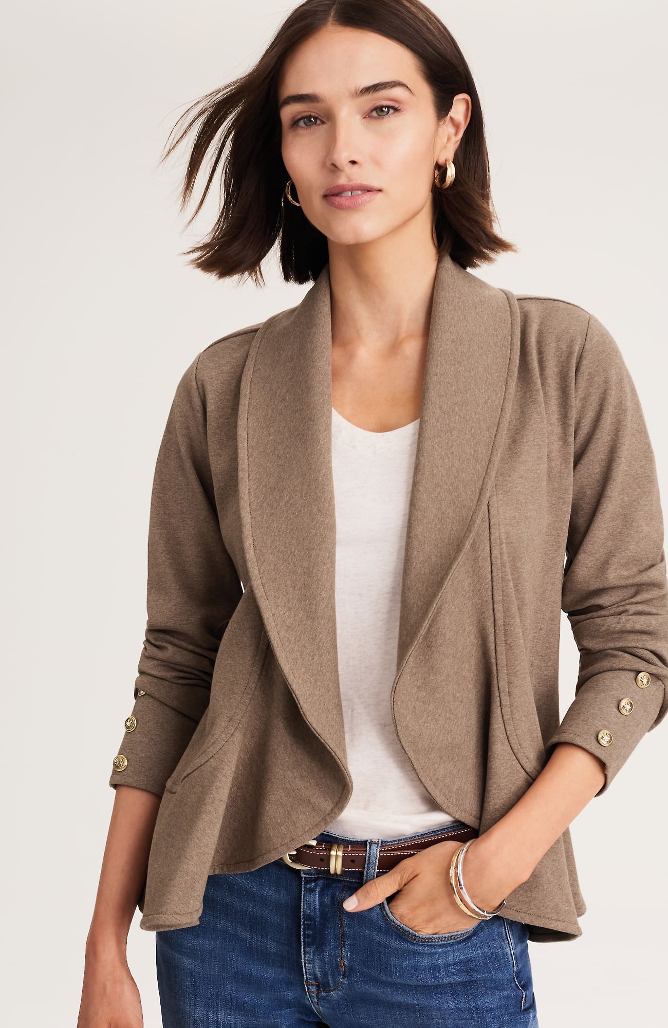 Jjill Petite Knit Flounced-hem Jacket In Mocha Latte Heather