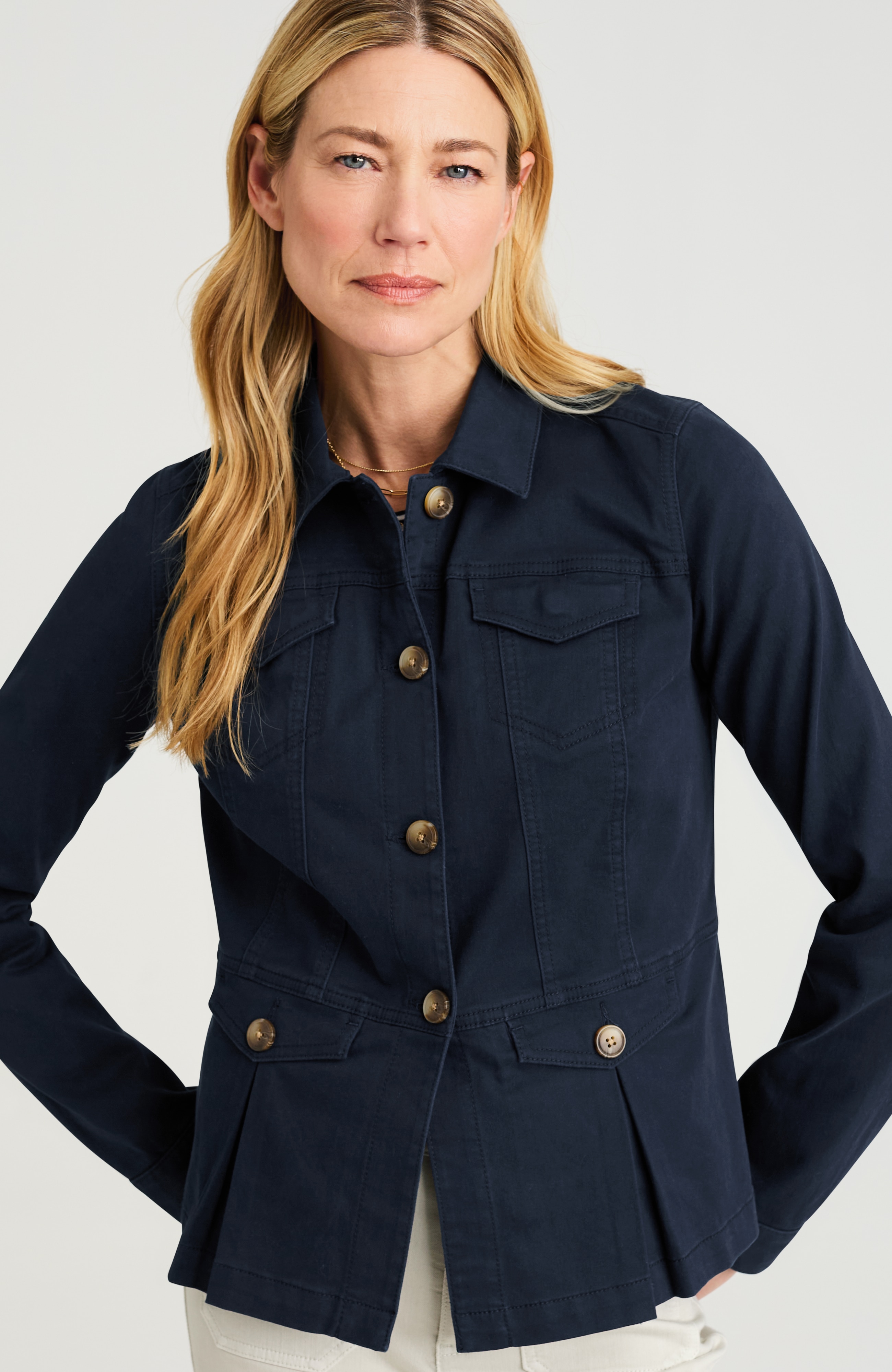 button-front peplum jacket