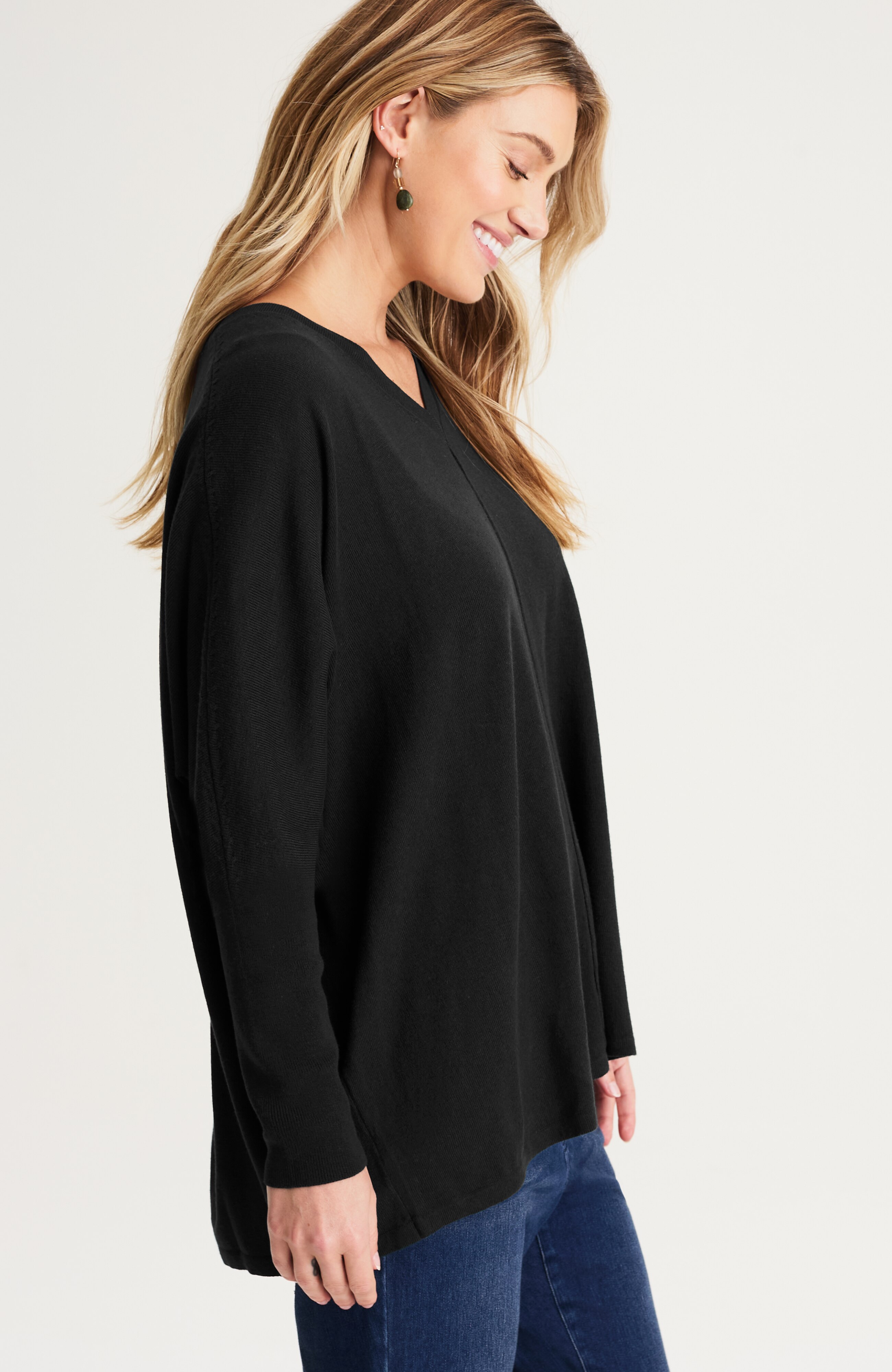 PURE JILL RIBBED-CUFFS V-NECK PULLOVER | JJill