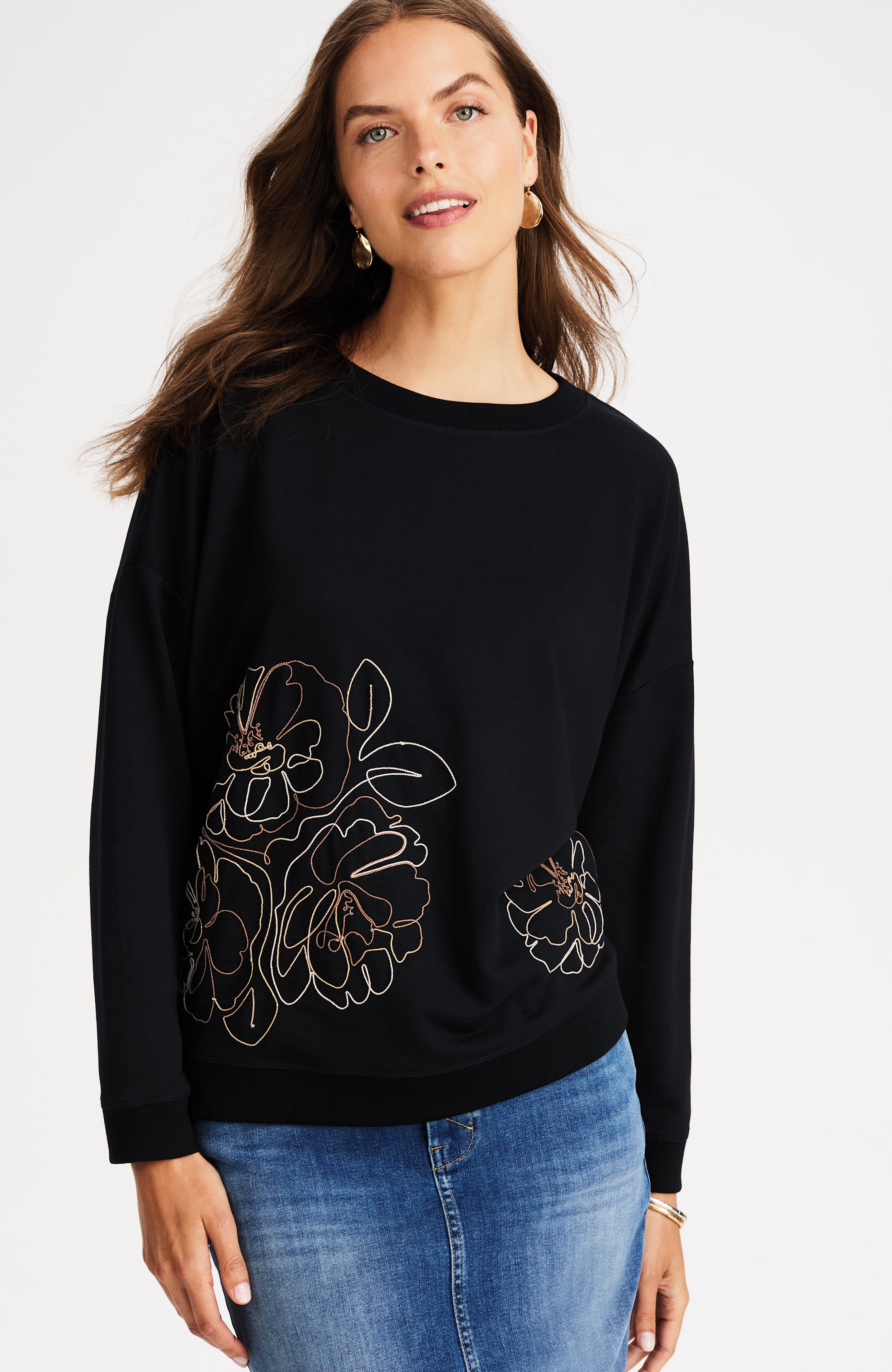 ゆゆ EMBROIDERED-BLOOMS RELAXED SWEATSHIRT | JJill