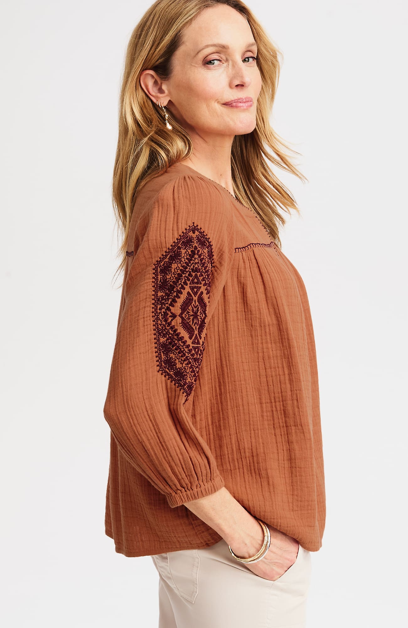 Jjill J.jill Cotton-gauze Contrast-embroidered Top