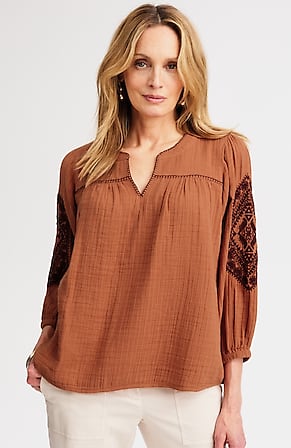 Image for Cotton-Gauze Contrast-Embroidered Top