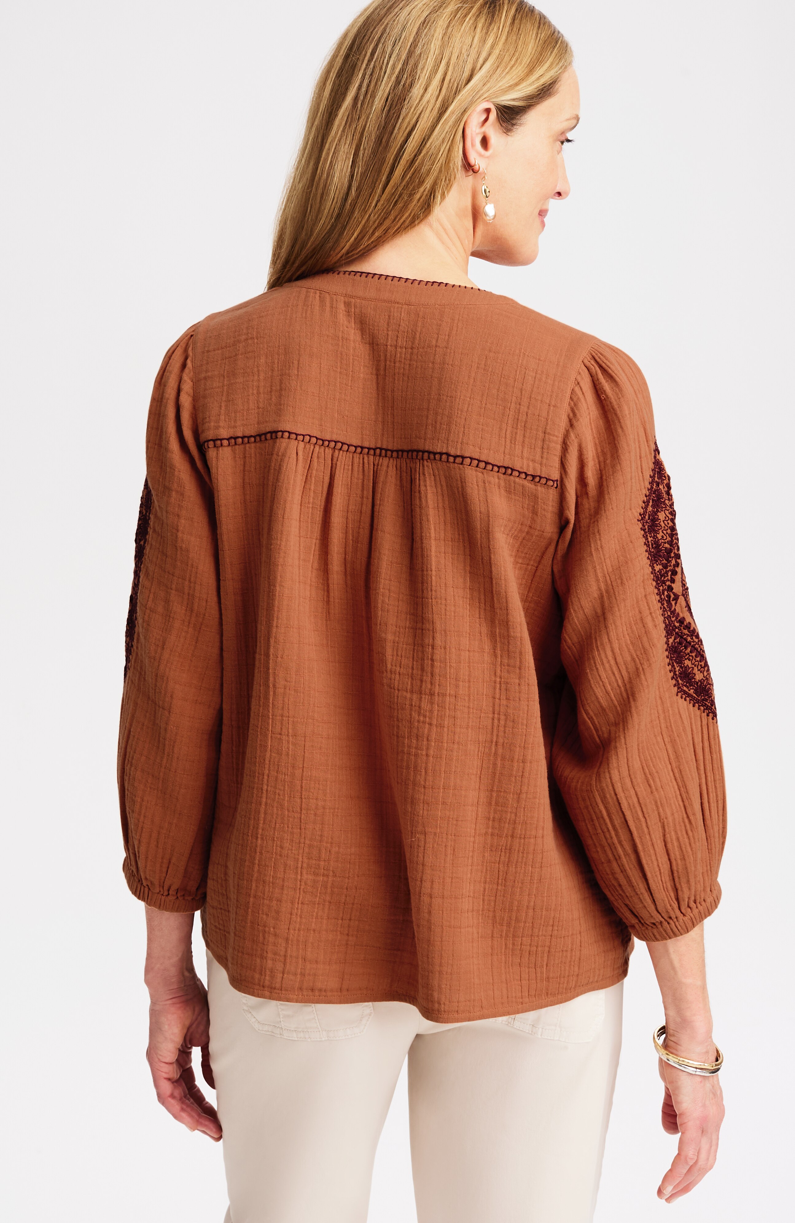 cotton-gauze contrast-embroidered top